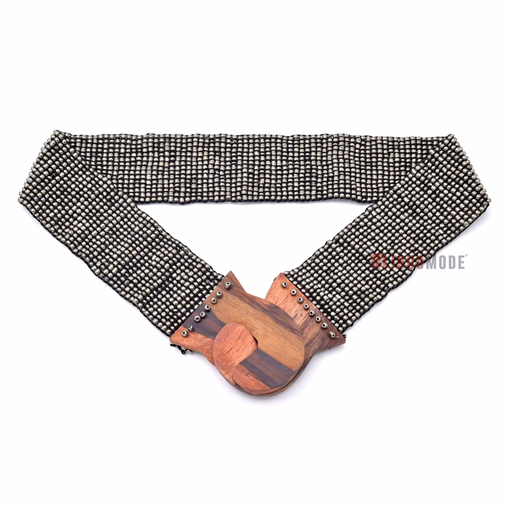 Women's Belt Stretchy Beaded Bali Cinch Belt Wood Clasp - Dark Silver