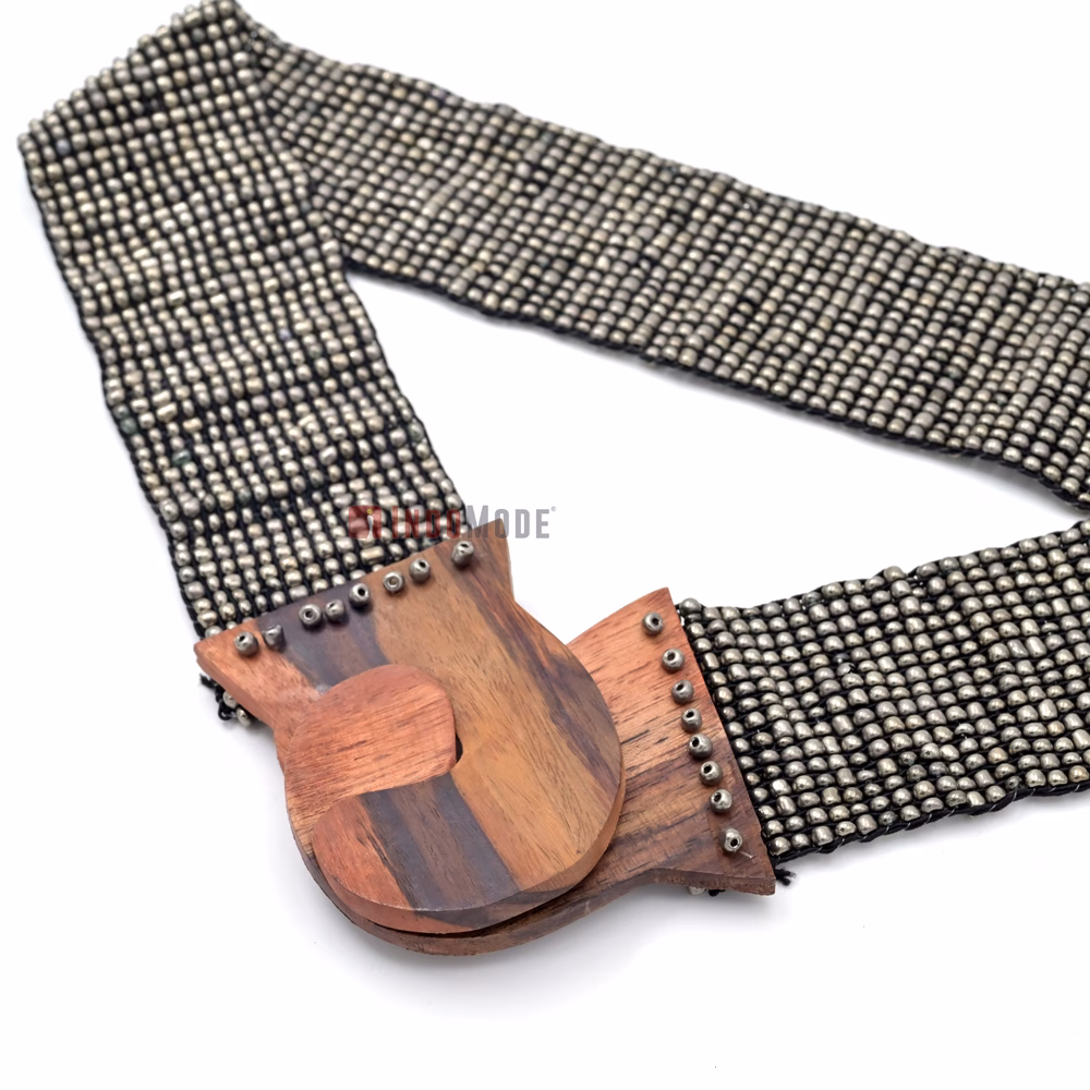 Women's Belt Stretchy Beaded Bali Cinch Belt Wood Clasp - Dark Silver