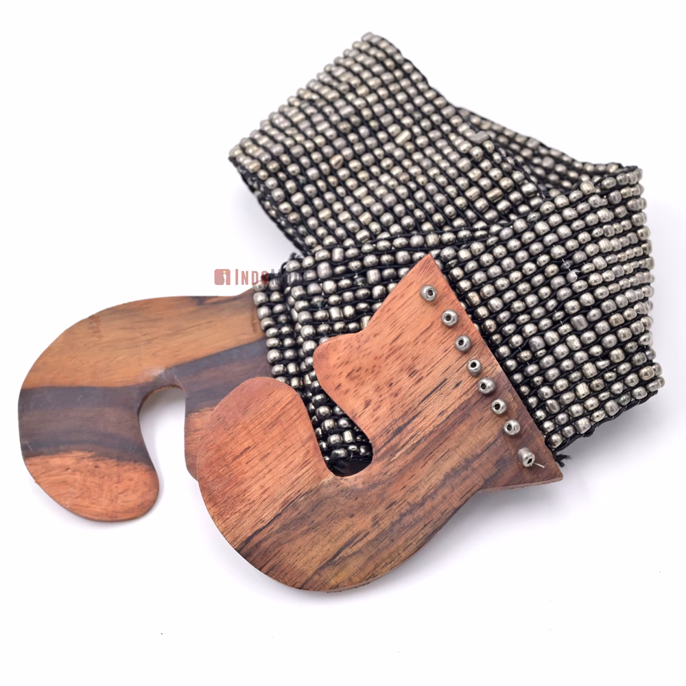 Women's Belt Stretchy Beaded Bali Cinch Belt Wood Clasp - Dark Silver