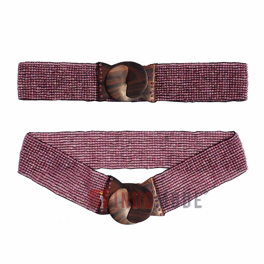Women's Belt Stretchy Beaded Bali Cinch Belt Wood Clasp - Translucent Pink