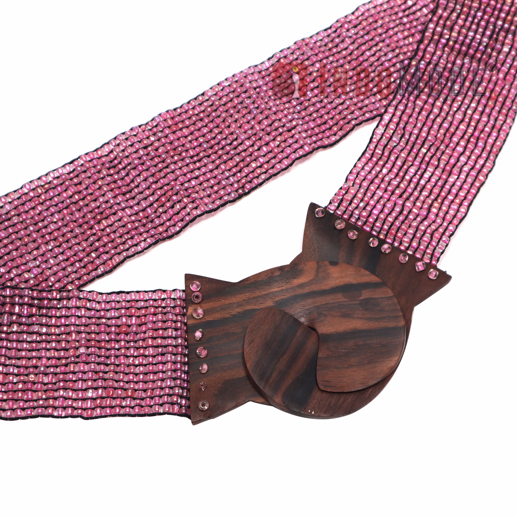Women's Belt Stretchy Beaded Bali Cinch Belt Wood Clasp - Translucent Pink - Image 4