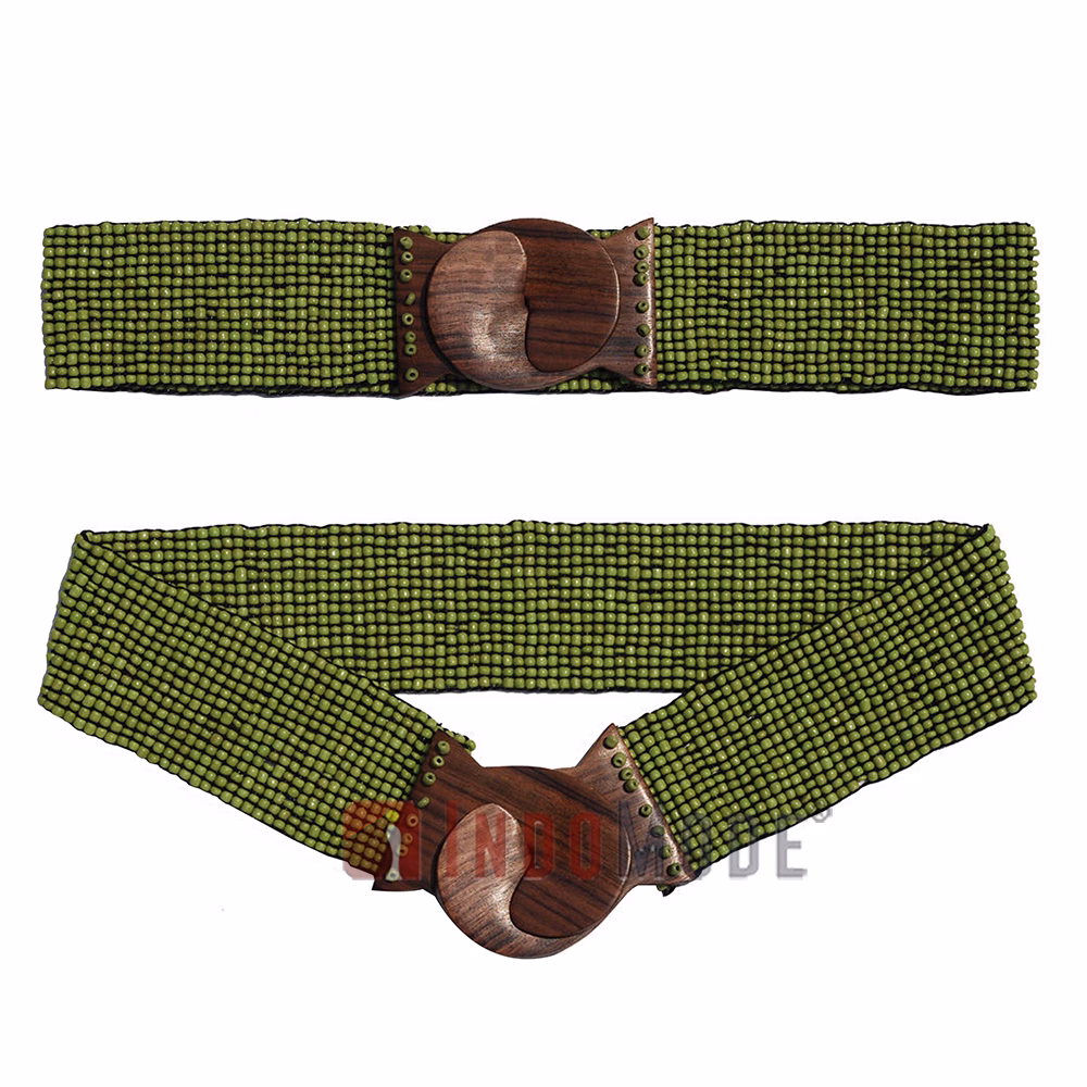 Women's Belt Stretchy Beaded Bali Cinch Belt Wood Clasp - Rustic Parrot Green