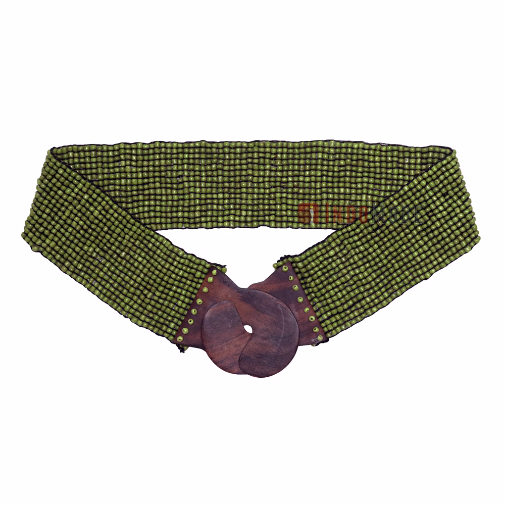 Women's Belt Stretchy Beaded Bali Cinch Belt Wood Clasp - Rustic Parrot Green - Image 2