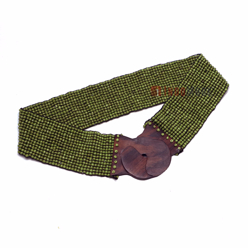 Women's Belt Stretchy Beaded Bali Cinch Belt Wood Clasp - Rustic Parrot Green - Image 3