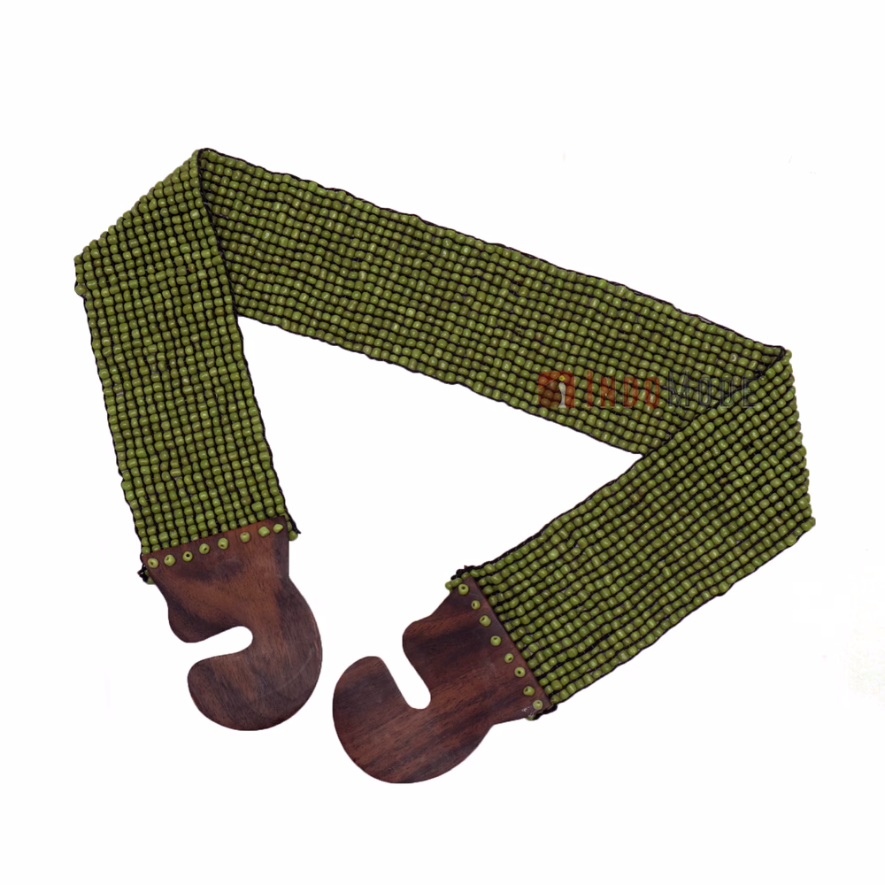 Women's Belt Stretchy Beaded Bali Cinch Belt Wood Clasp - Rustic Parrot Green - Image 5