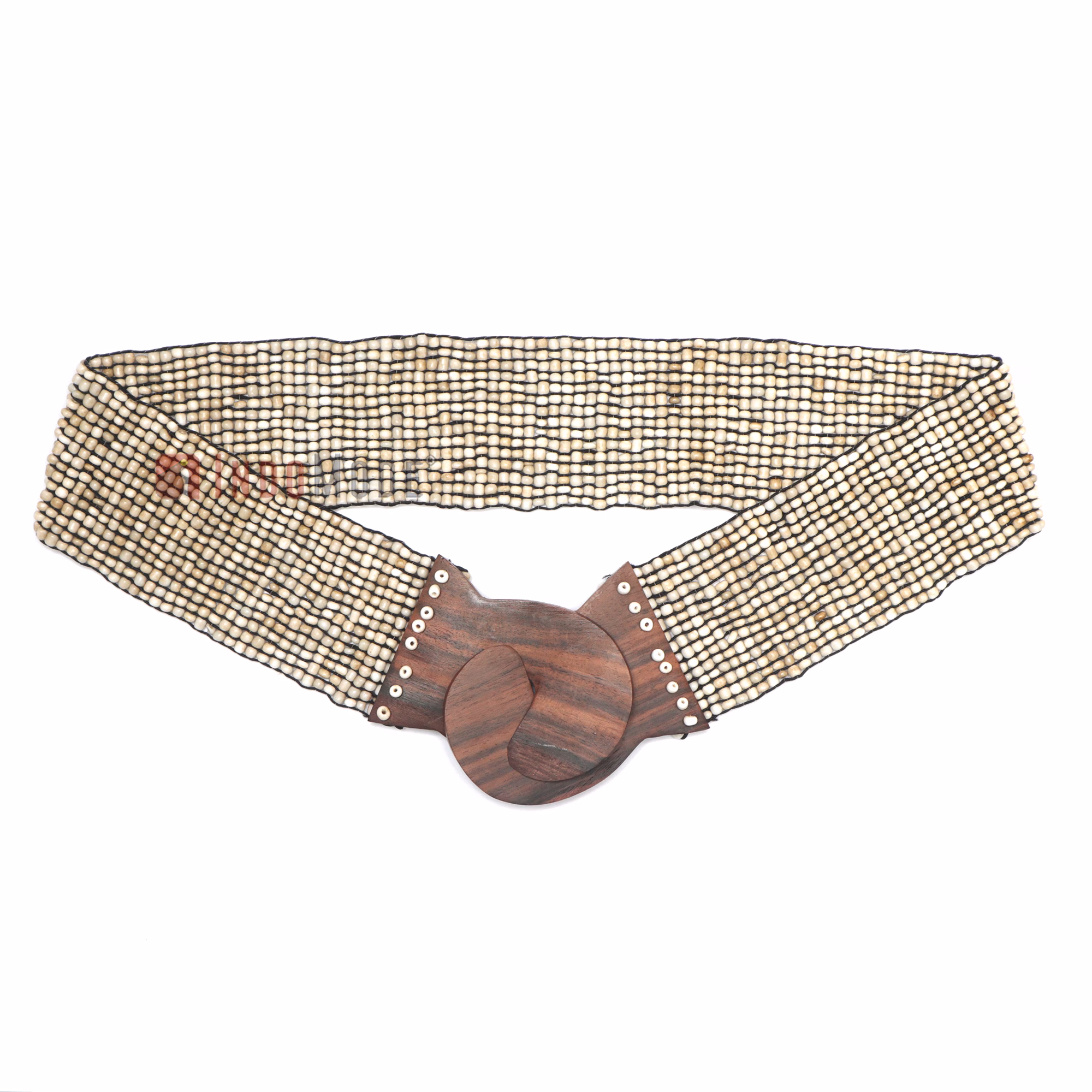 Women's Belt Stretchy Beaded Bali Cinch Belt Wood Clasp - Bone White