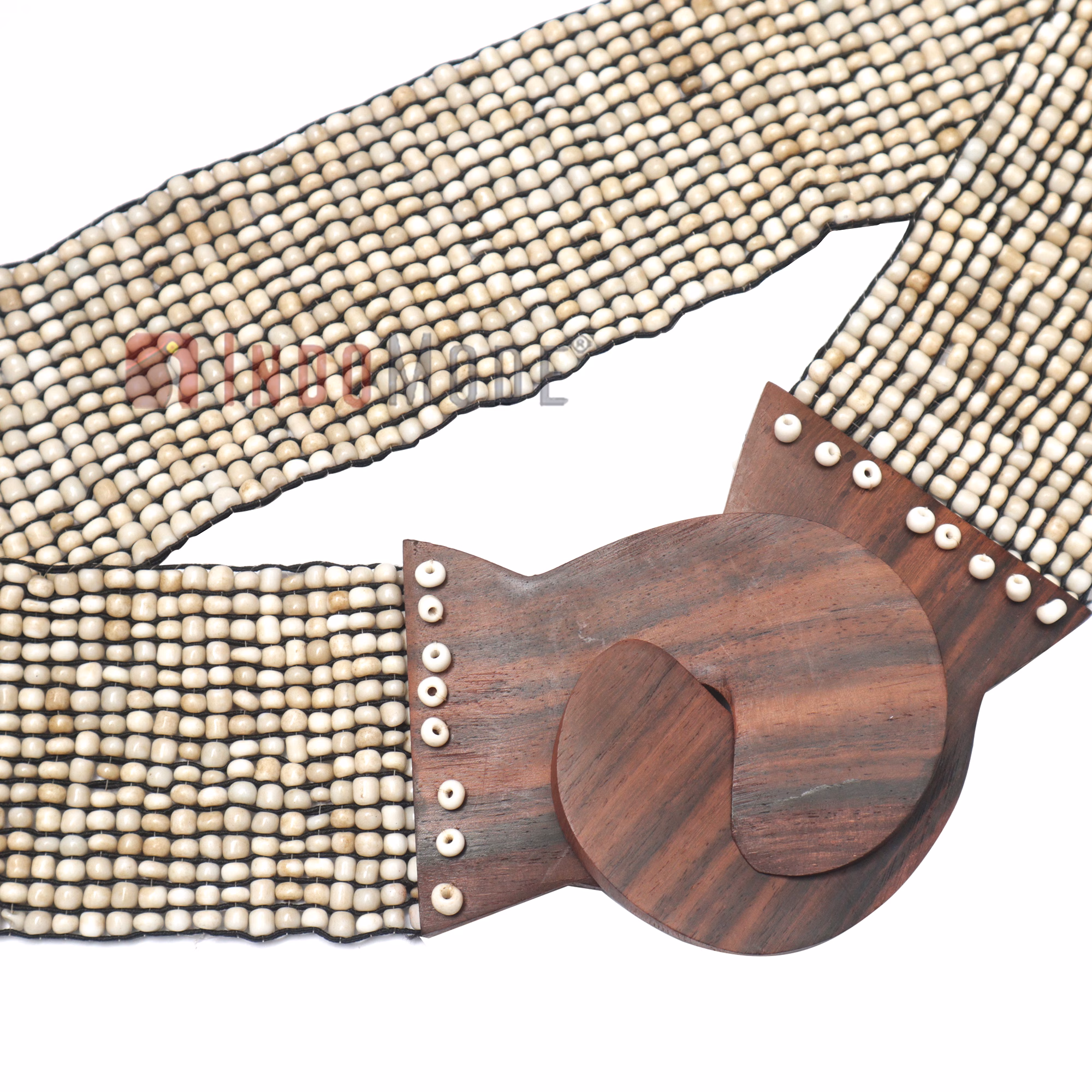 Women's Belt Stretchy Beaded Bali Cinch Belt Wood Clasp - Bone White - Image 4