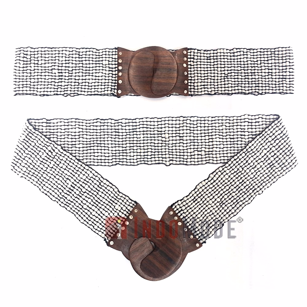 Women's Belt Stretchy Beaded Bali Cinch Belt Wood Clasp - White