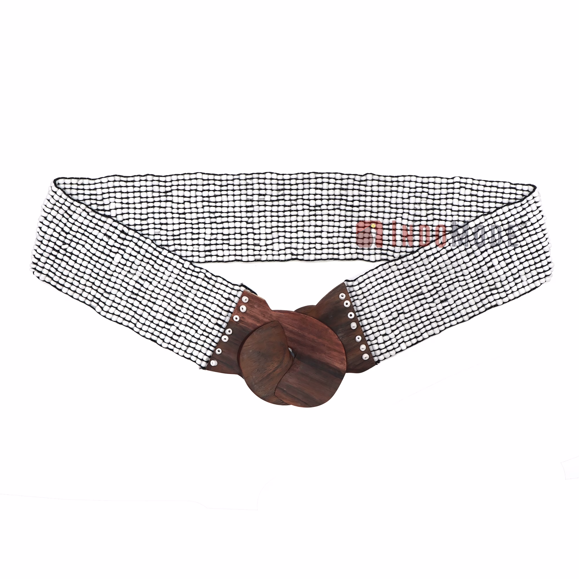 Women's Belt Stretchy Beaded Bali Cinch Belt Wood Clasp - White