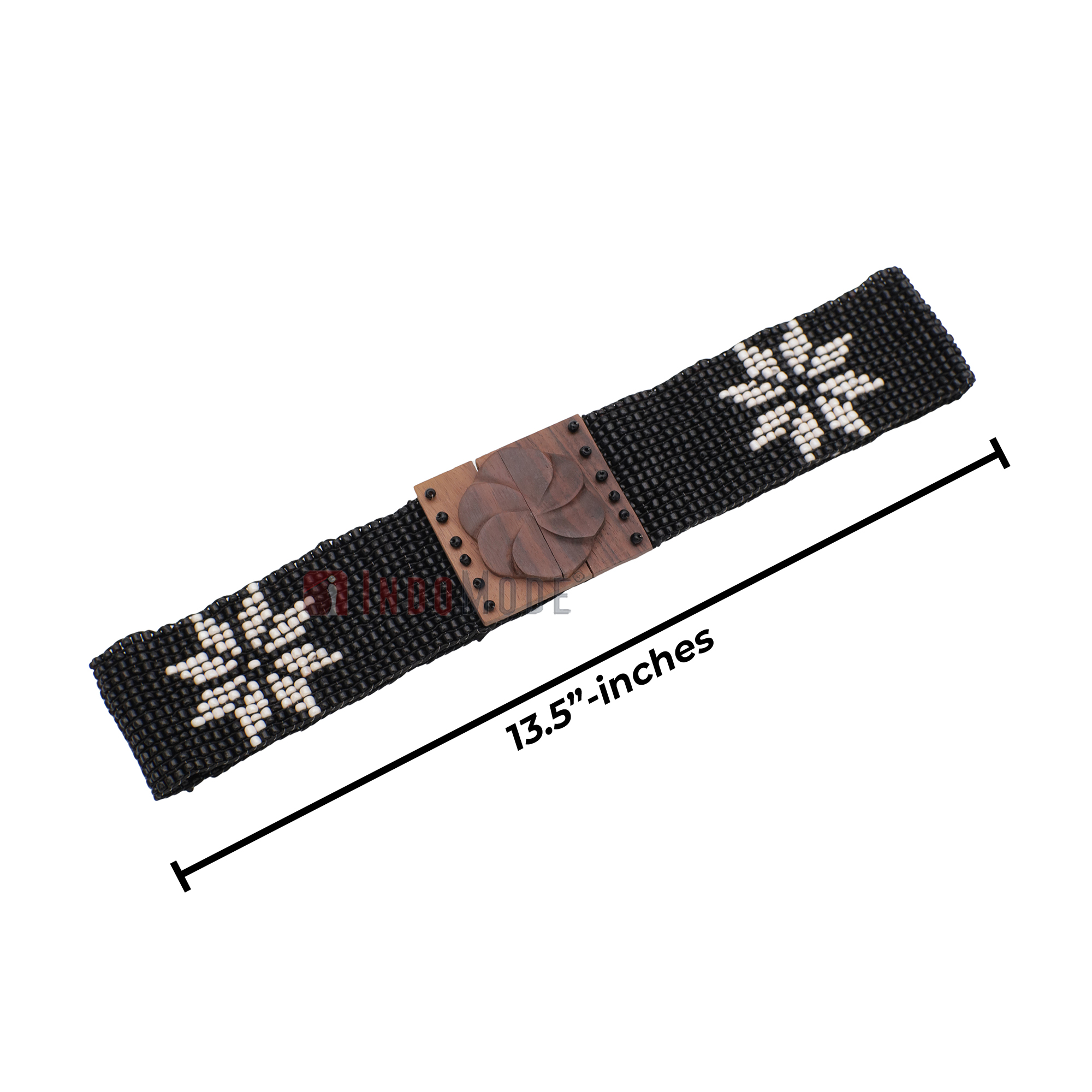 Women's Belt Stretchy Beaded Bali Cinch Belt Wood Clasp - Black White Star Brown Center / Rose Buckle