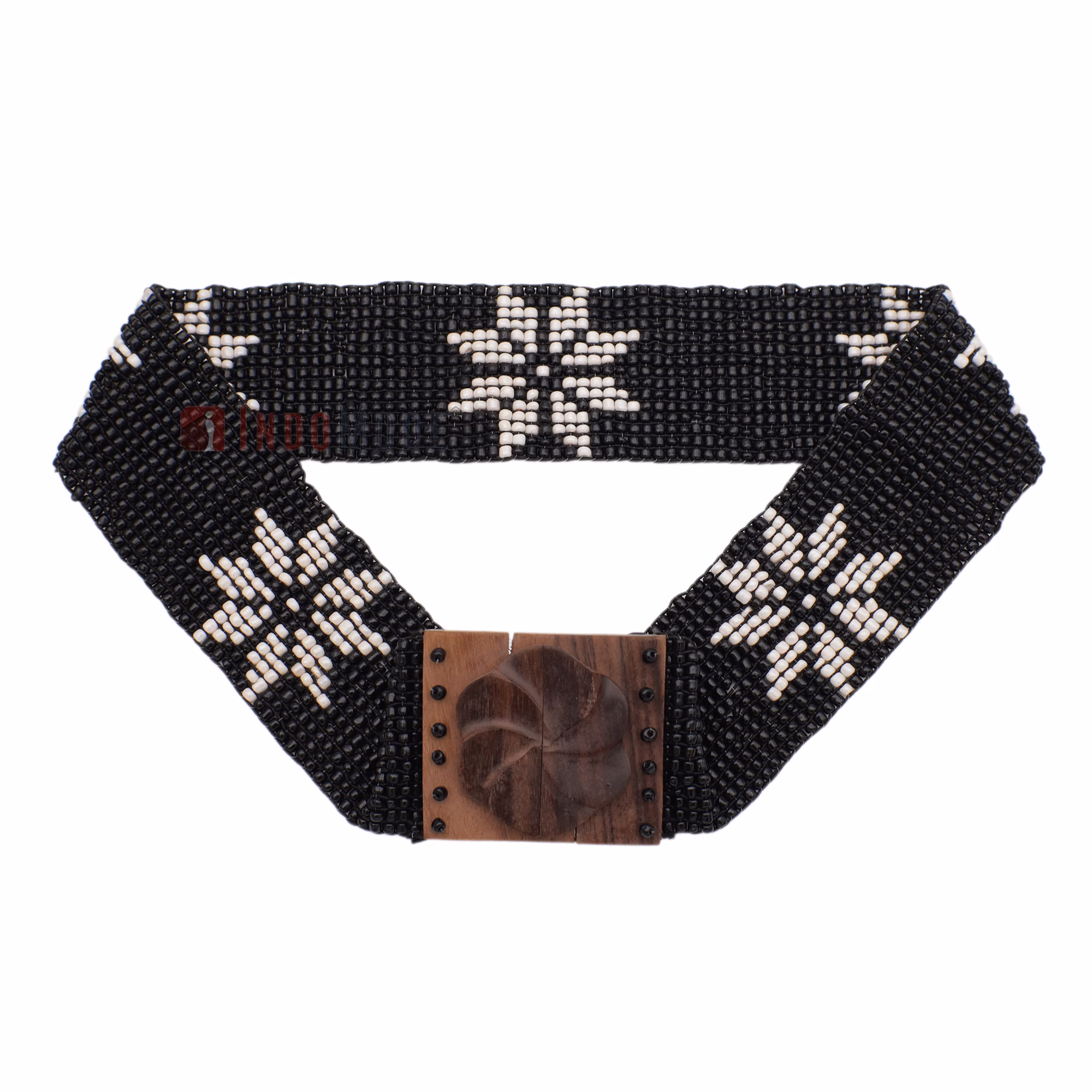 Women's Belt Stretchy Beaded Bali Cinch Belt Wood Clasp - Black White Star Brown Center / Rose Buckle - Image 2