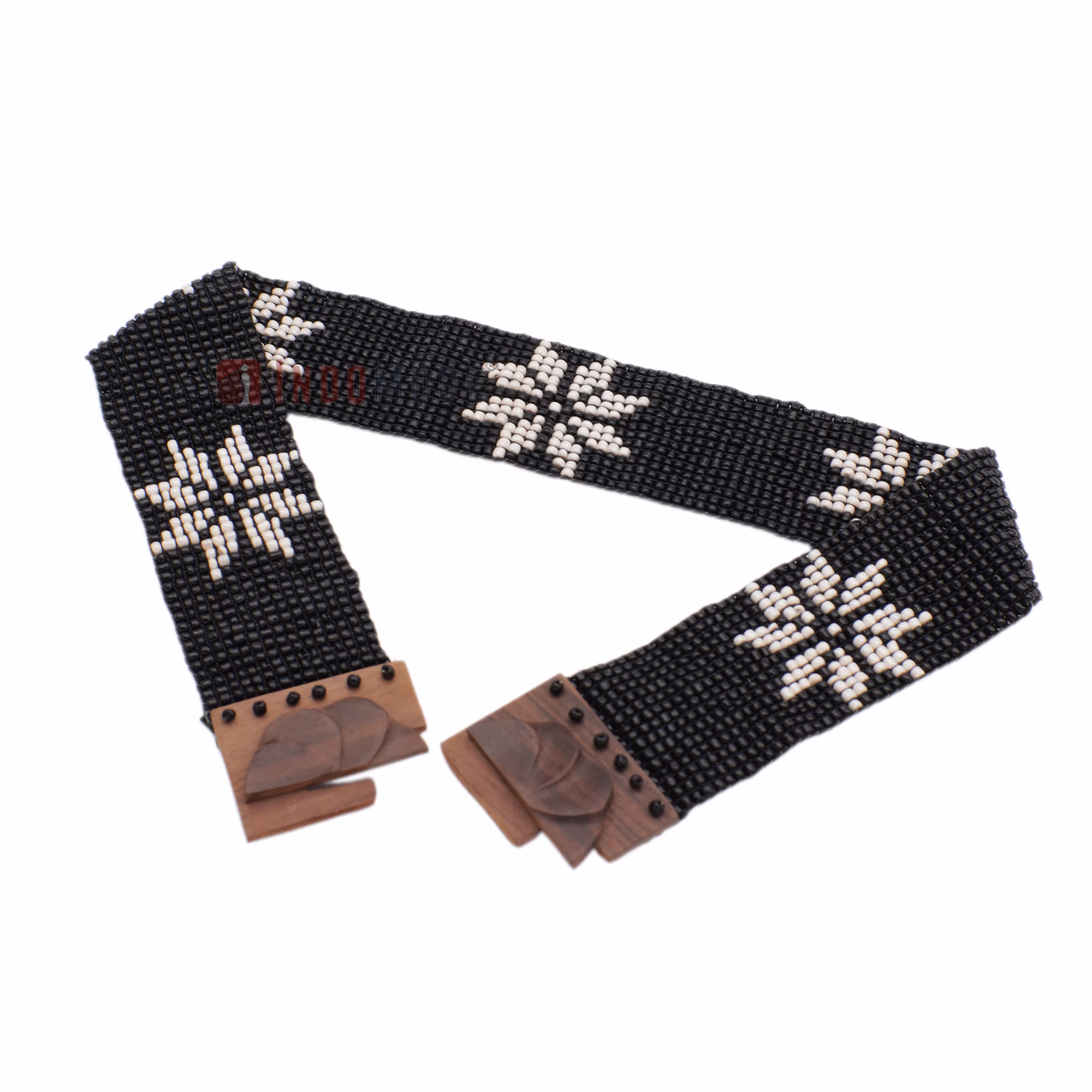 Women's Belt Stretchy Beaded Bali Cinch Belt Wood Clasp - Black White Star Brown Center / Rose Buckle - Image 3