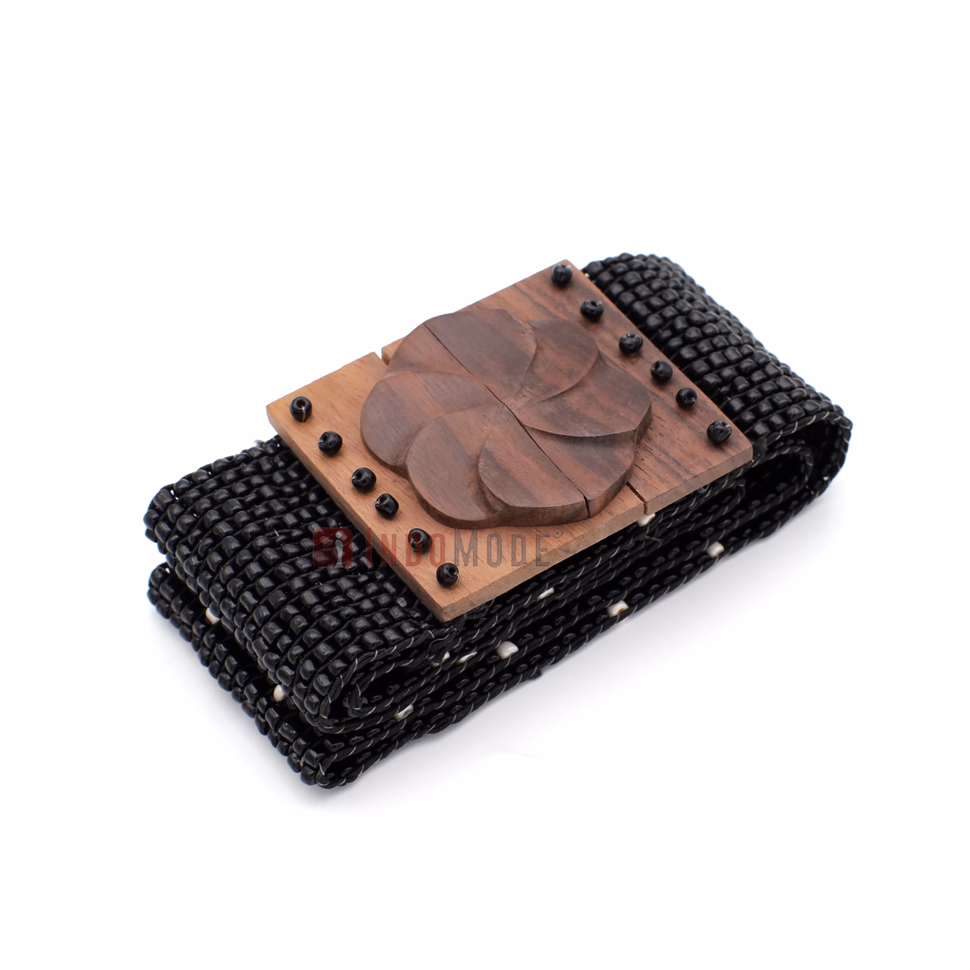 Women's Belt Stretchy Beaded Bali Cinch Belt Wood Clasp - Black White Star Brown Center / Rose Buckle - Image 4