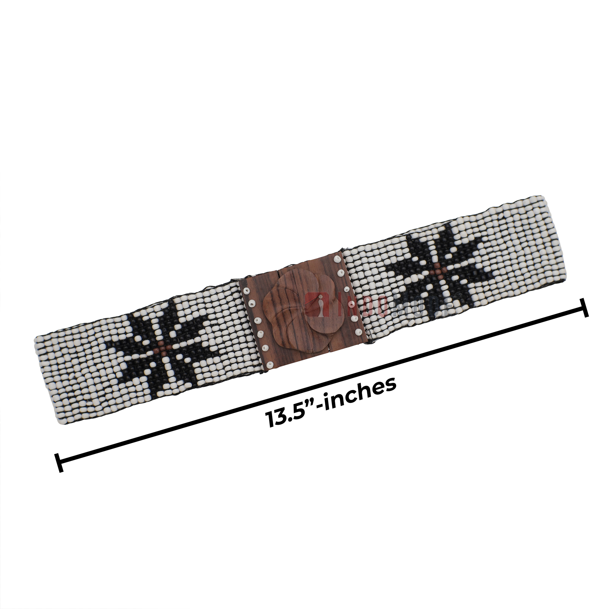 Women's Belt Stretchy Beaded Bali Cinch Belt Wood Clasp - White Black Star Brown Center / Rose Buckle