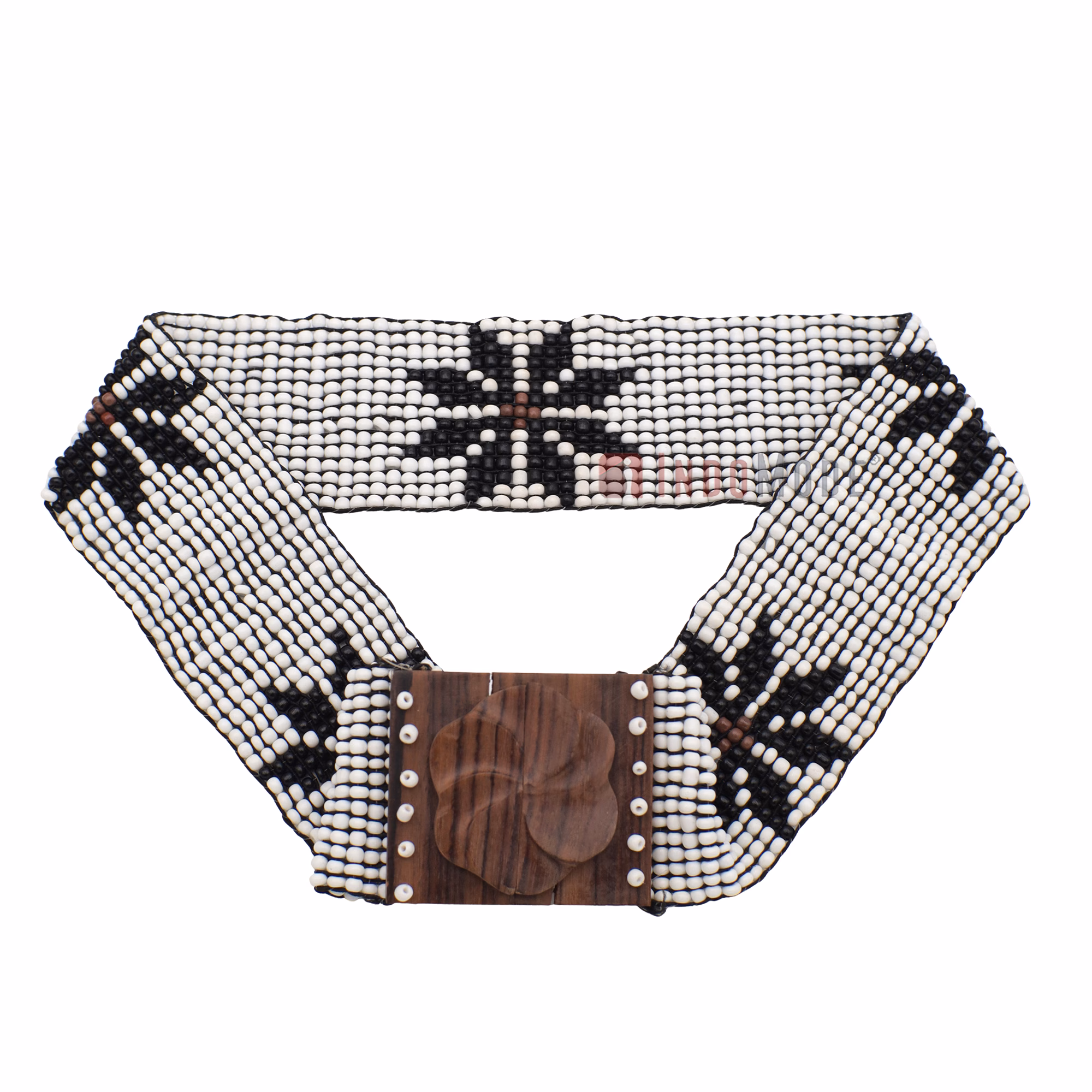 Women's Belt Stretchy Beaded Bali Cinch Belt Wood Clasp - White Black Star Brown Center / Rose Buckle