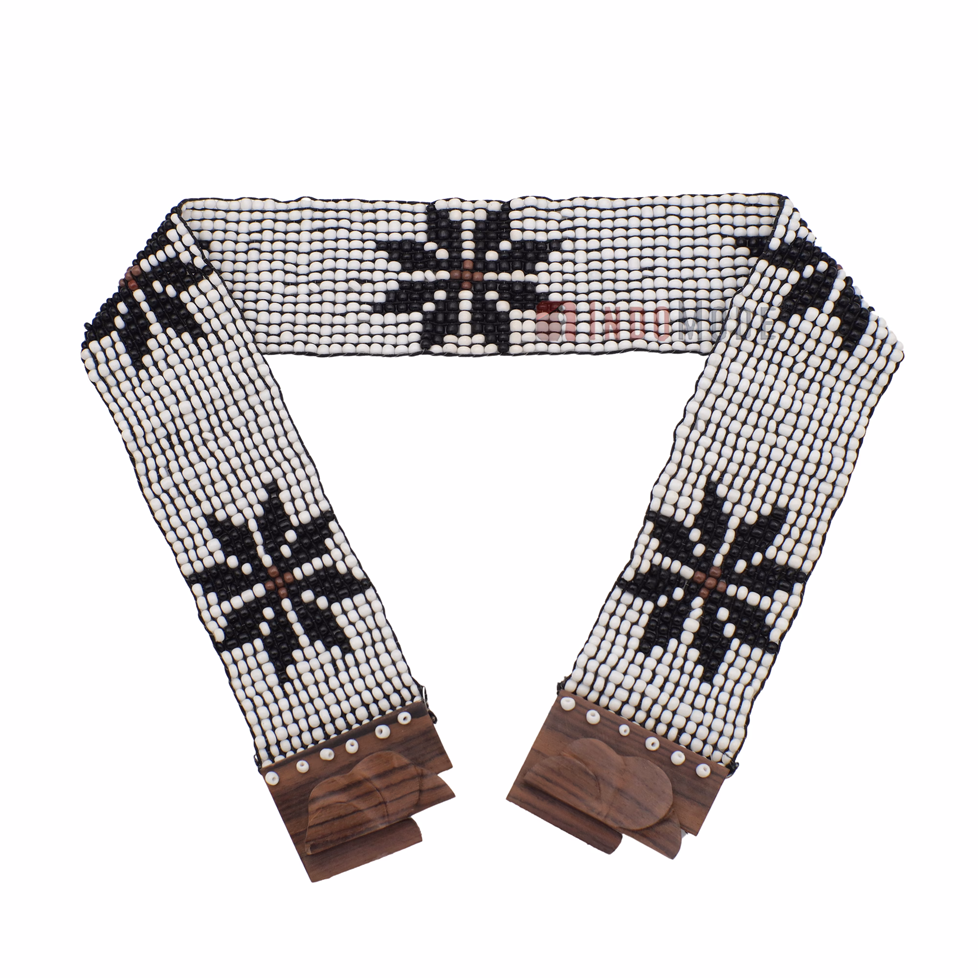 Women's Belt Stretchy Beaded Bali Cinch Belt Wood Clasp - White Black Star Brown Center / Rose Buckle