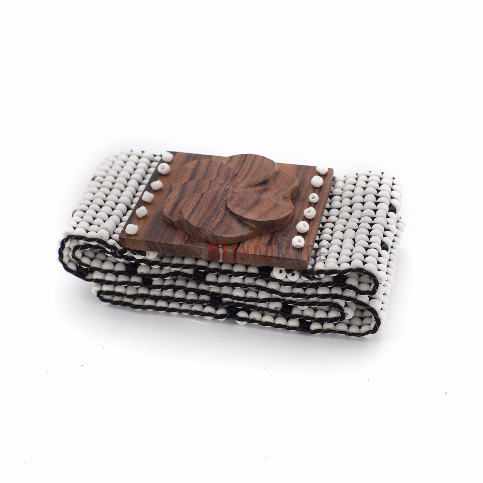 Women's Belt Stretchy Beaded Bali Cinch Belt Wood Clasp - White Black Star Brown Center / Rose Buckle