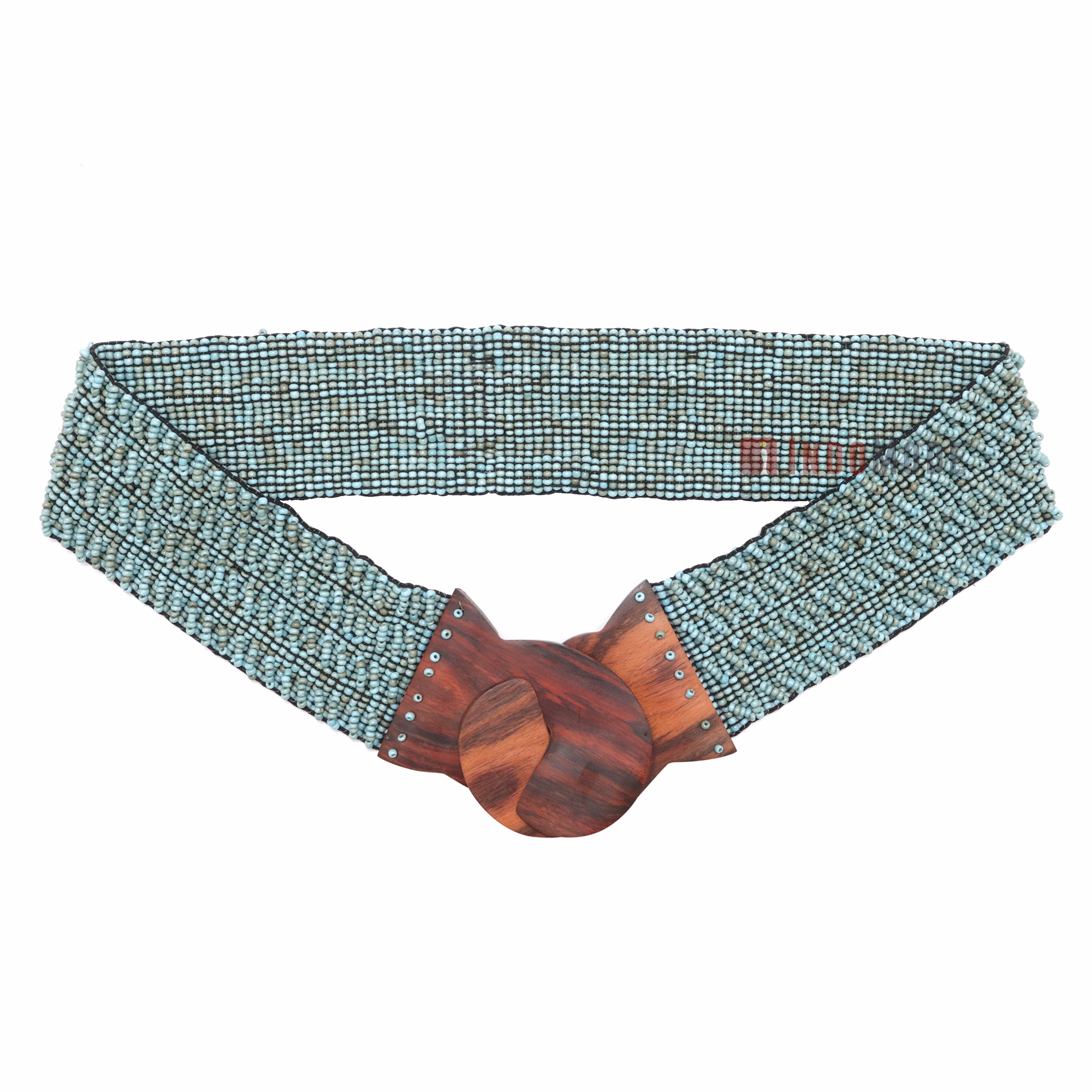 Beaded Women's Belt From Bali - Turquoise Color Elastic Western Style Cinch Belt, Wood Hook Buckle 32-39-inch, 2.5 Width 2 mm Glass Beads Gift Boxed