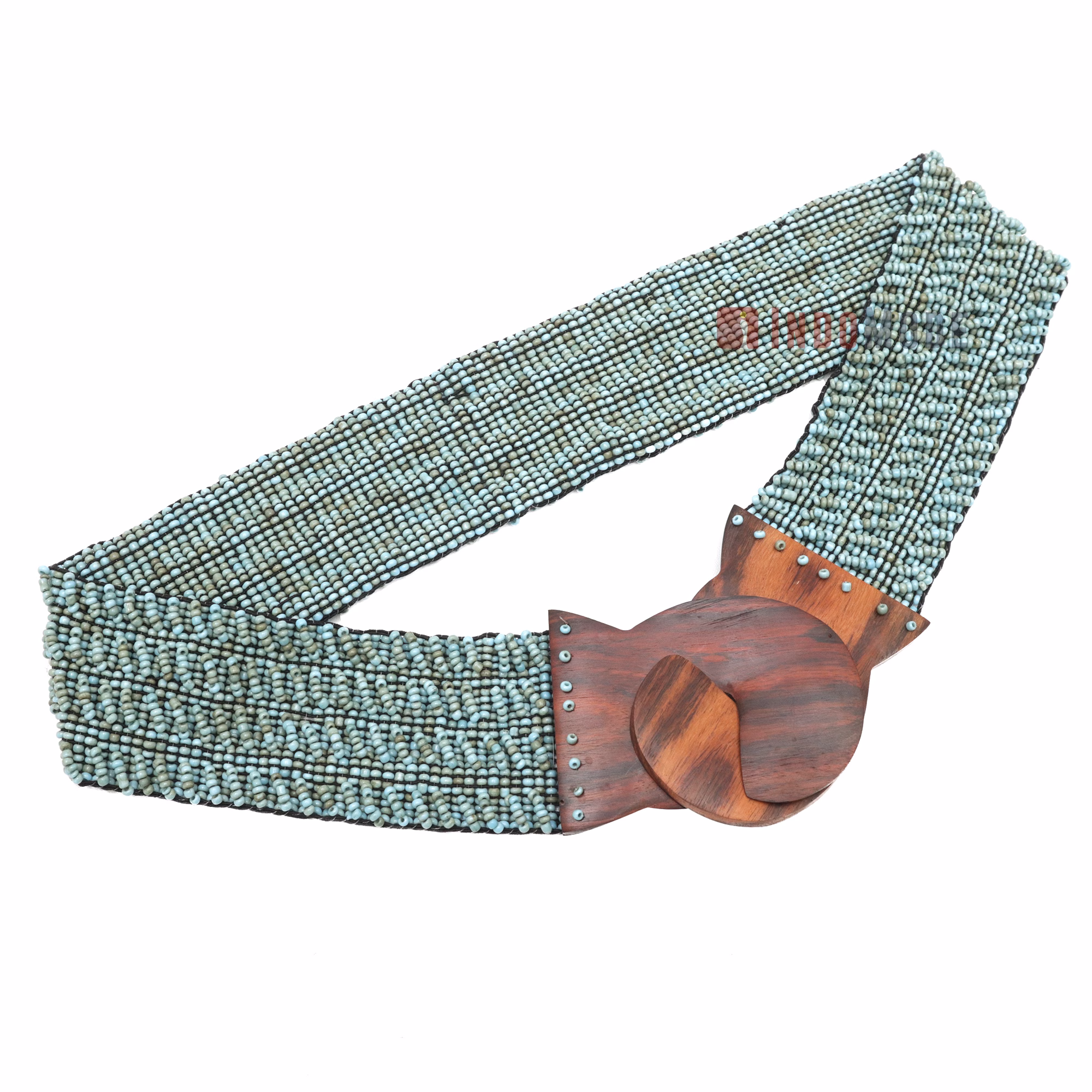 Beaded Women's Belt From Bali - Turquoise Color Elastic Western Style Cinch Belt, Wood Hook Buckle 32-39-inch, 2.5 Width 2 mm Glass Beads Gift Boxed - Image 2