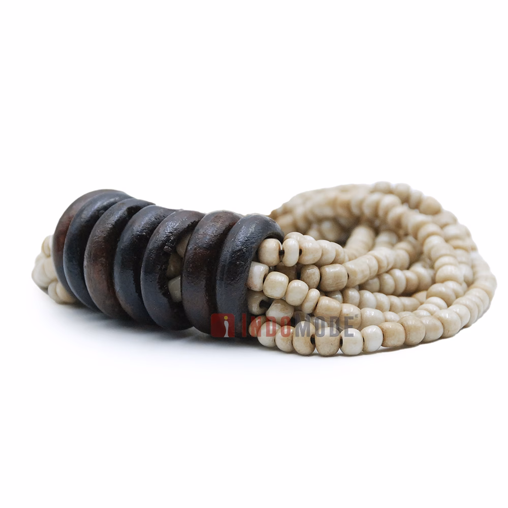 Beaded Bali Bracelet - Bone White Handcrafted 10-Strand Elastic Stretchy Women's Jewelry with Wood Rings Size 6.5-7.5 inch with Gift Box