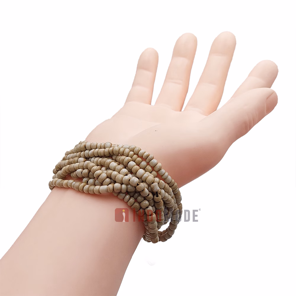 Beaded Bali Bracelet - Bone White Handcrafted 10-Strand Elastic Stretchy Women's Jewelry with Wood Rings Size 6.5-7.5 inch with Gift Box