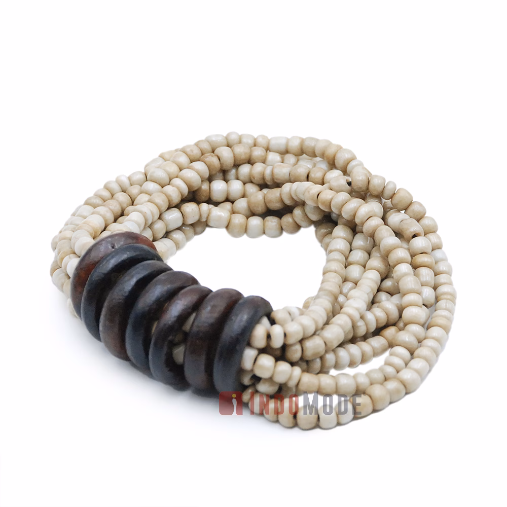 Beaded Bali Bracelet - Bone White Handcrafted 10-Strand Elastic Stretchy Women's Jewelry with Wood Rings Size 6.5-7.5 inch with Gift Box