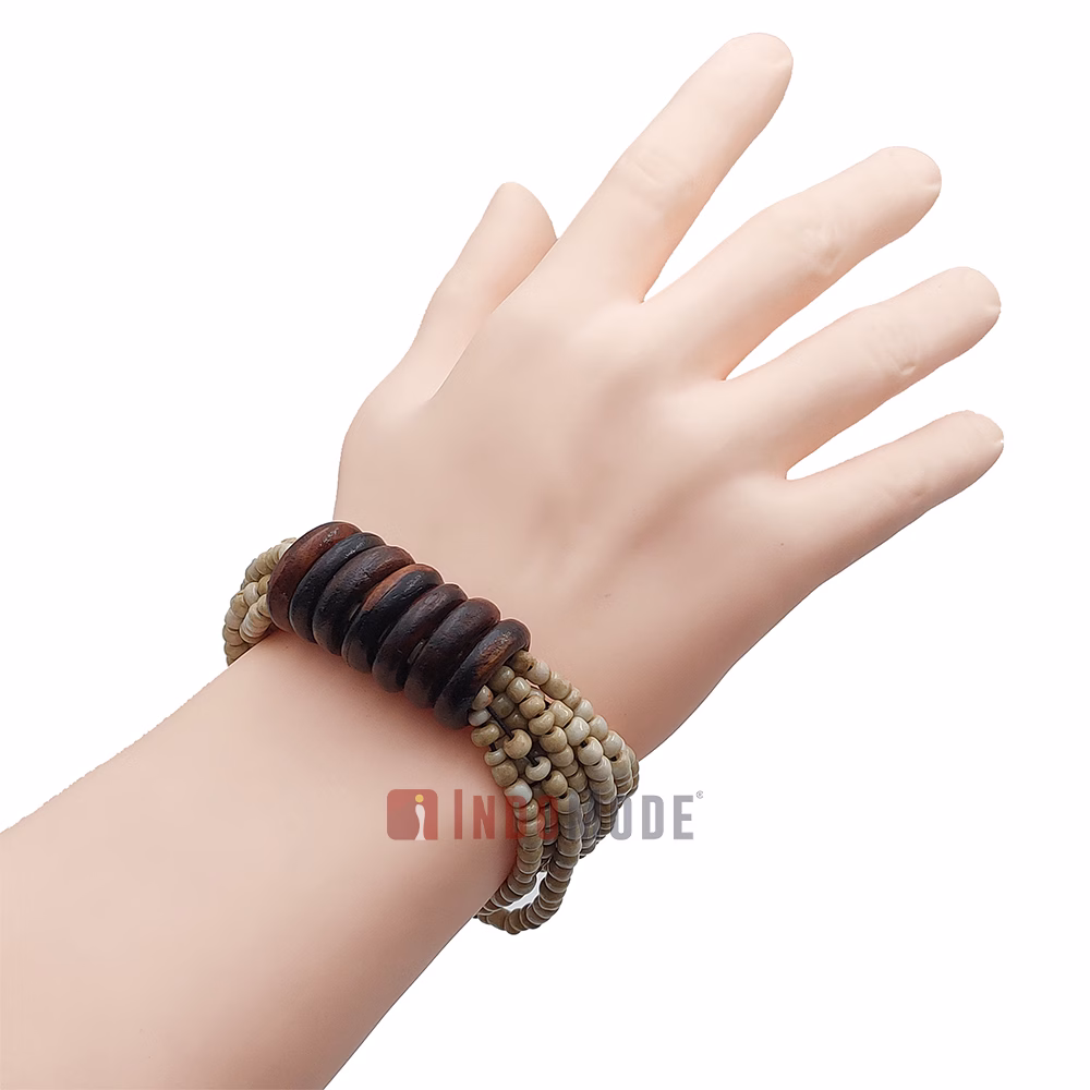 Beaded Bali Bracelet - Bone White Handcrafted 10-Strand Elastic Stretchy Women's Jewelry with Wood Rings Size 6.5-7.5 inch with Gift Box