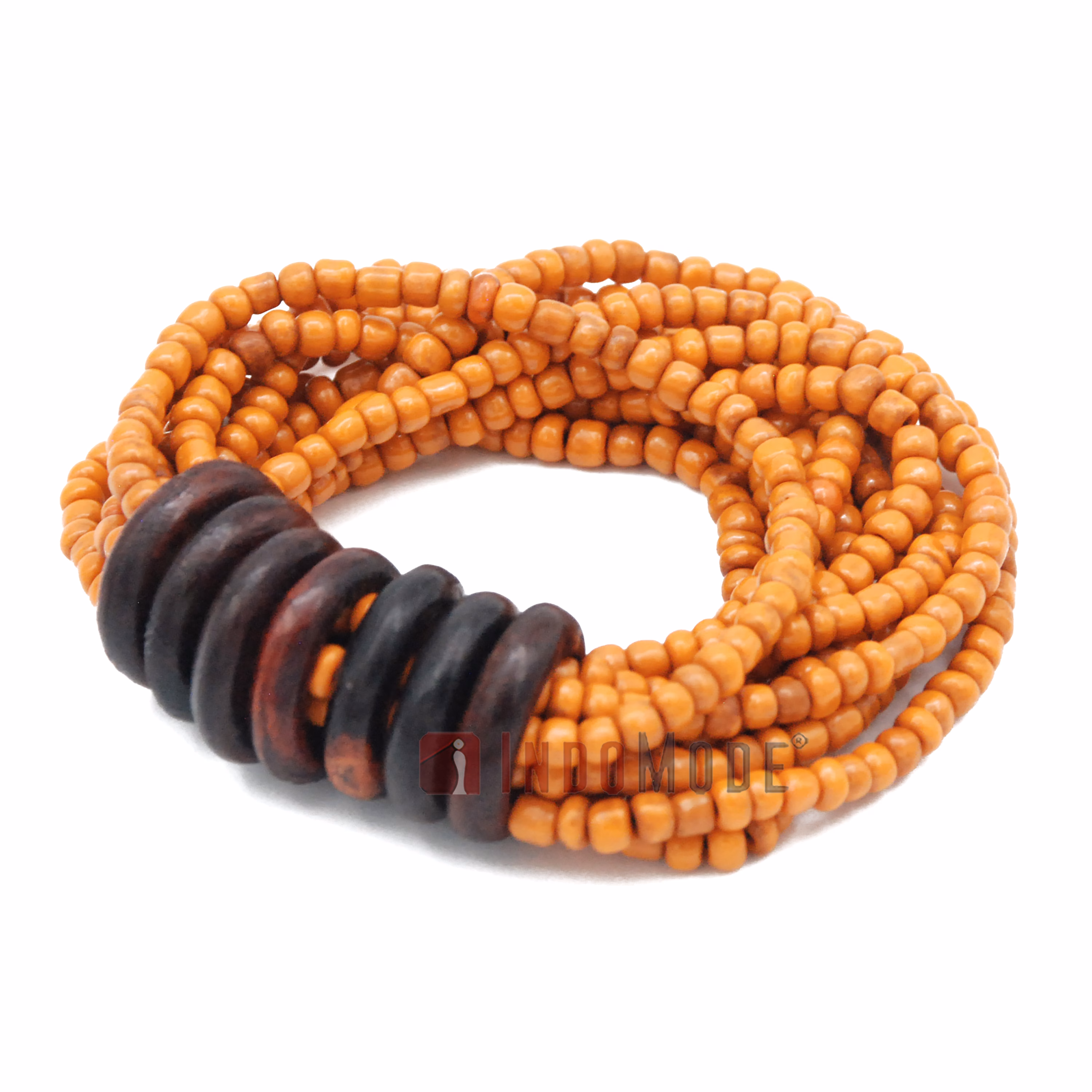 Beaded Bali Bracelet - Rustic Orange Handcrafted 10-Strand Elastic Stretchy Women's Jewelry with Wood Rings Size 6.5-7.5 inch with Gift Box