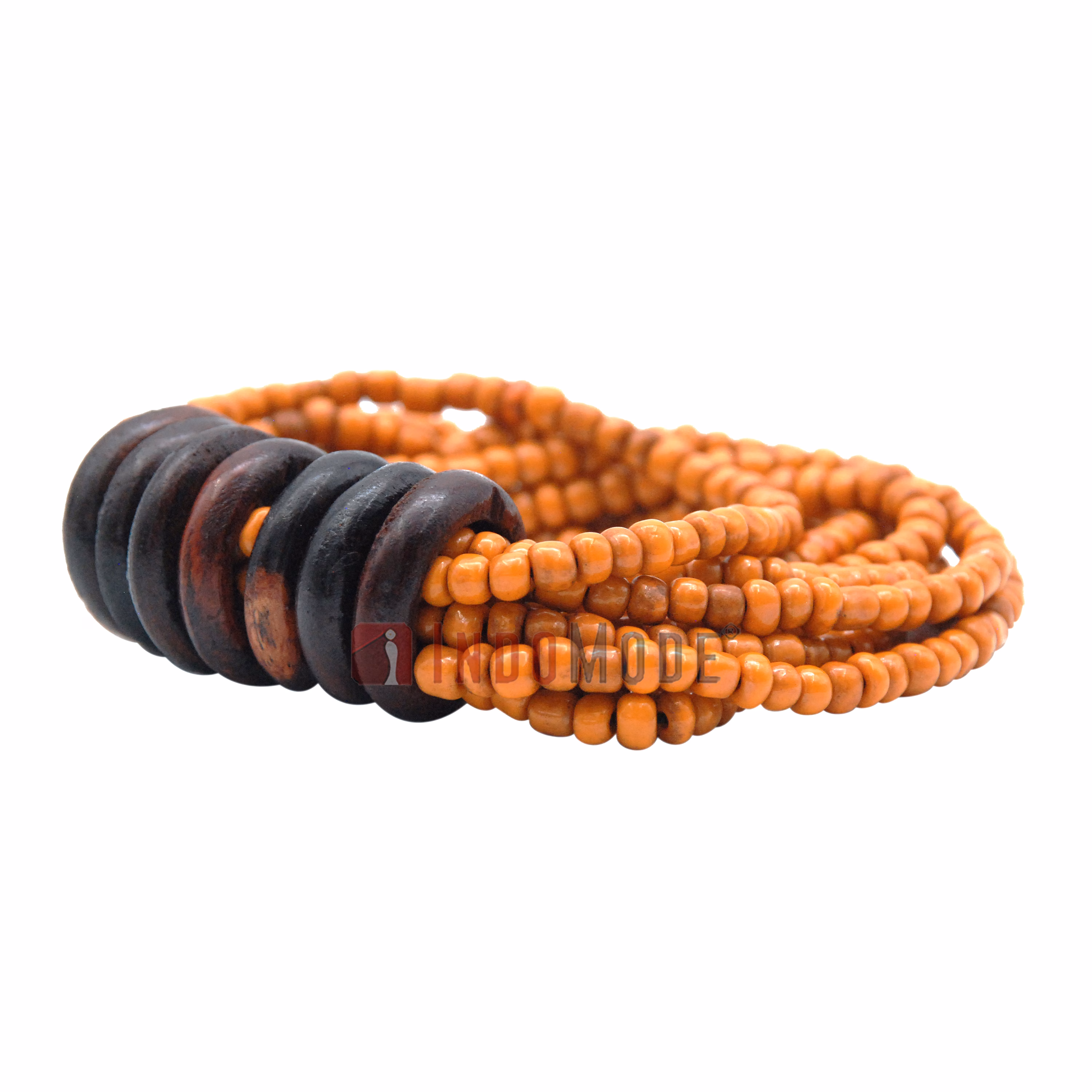 Beaded Bali Bracelet - Rustic Orange Handcrafted 10-Strand Elastic Stretchy Women's Jewelry with Wood Rings Size 6.5-7.5 inch with Gift Box