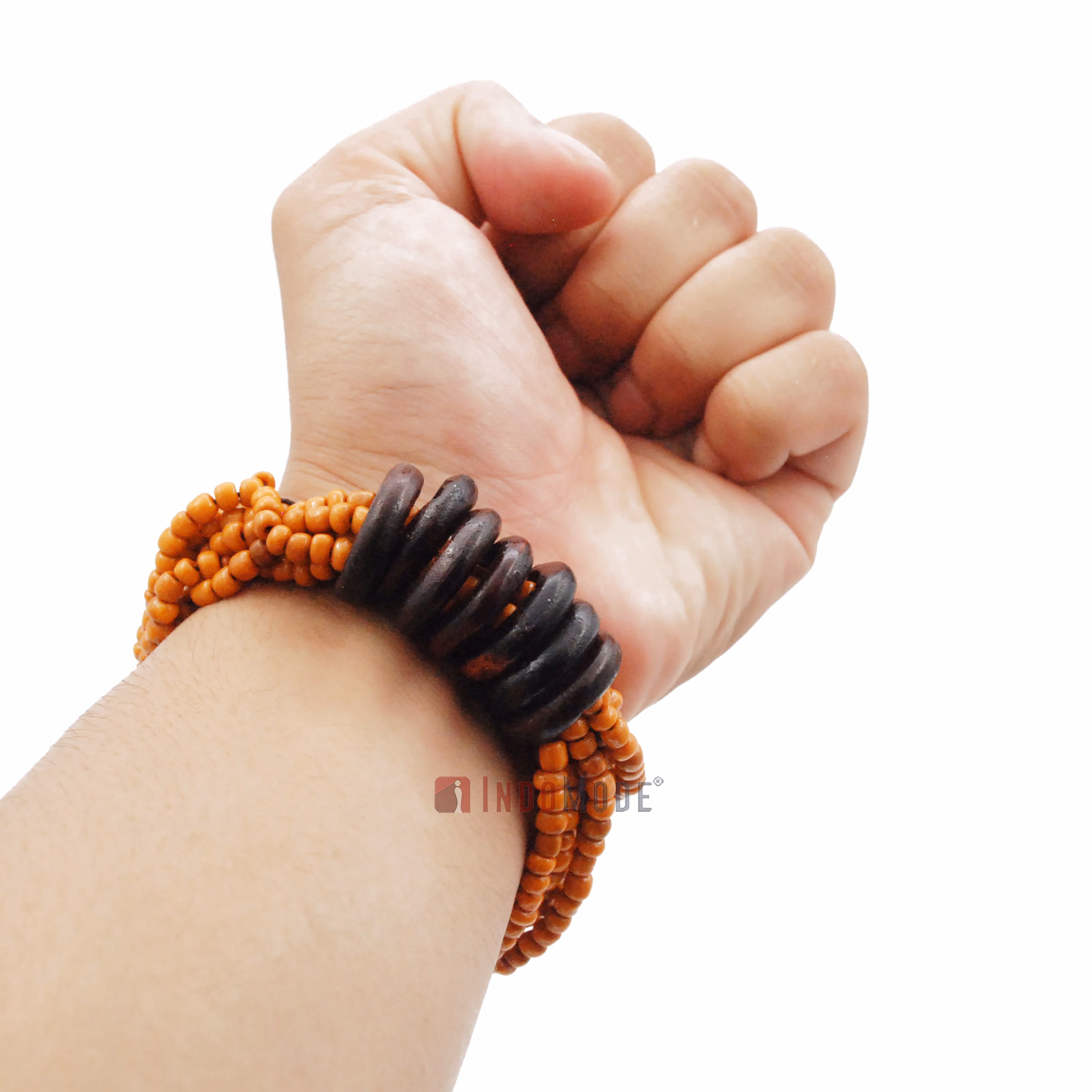 Beaded Bali Bracelet - Rustic Orange Handcrafted 10-Strand Elastic Stretchy Women's Jewelry with Wood Rings Size 6.5-7.5 inch with Gift Box