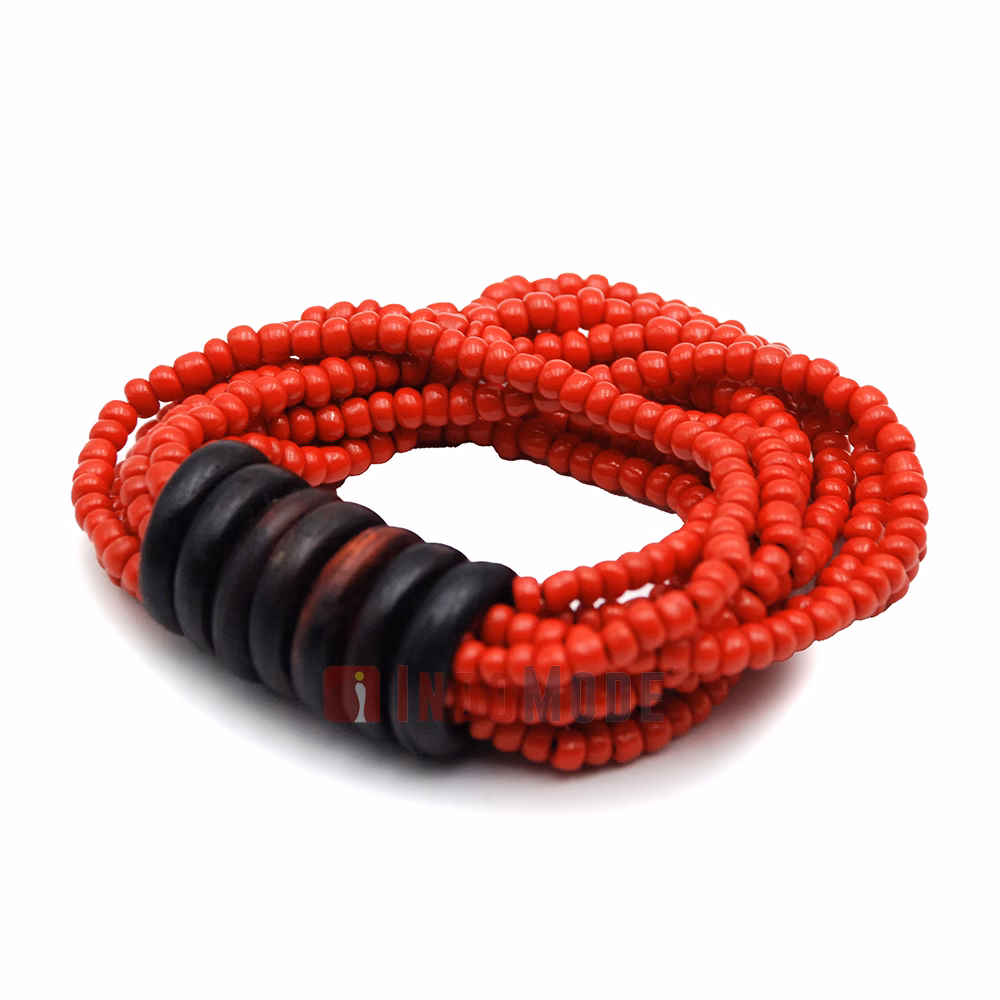 Beaded Bali Bracelet - Red Handcrafted 10-Strand Elastic Stretchy Women's Jewelry with Wood Rings Size 6.5-7.5 inch with Gift Box - Image 5