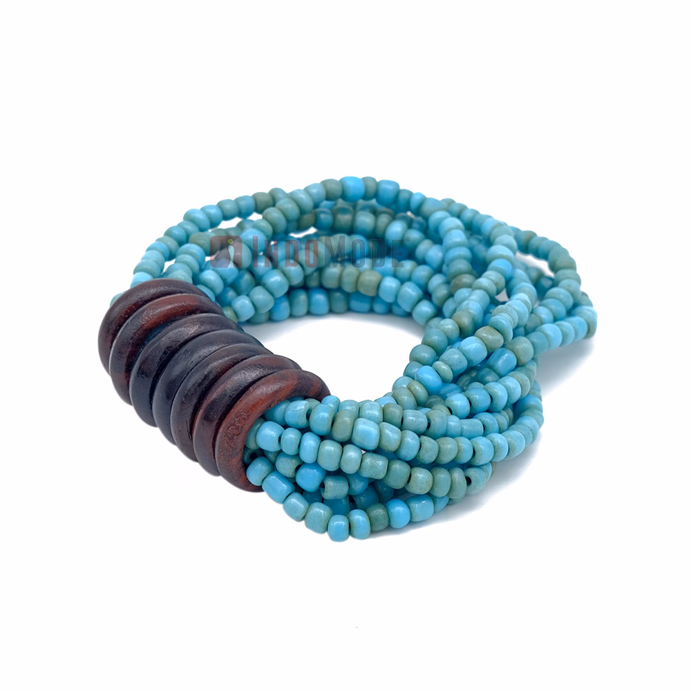Beaded Bali Bracelet - Turquoise Handcrafted 10-Strand Elastic Stretchy Women's Jewelry with Wood Rings Size 6.5-7.5 inch with Gift Box