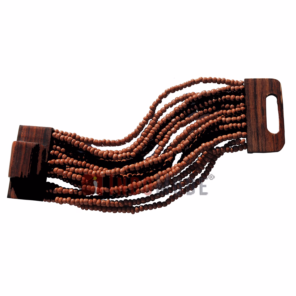 Clay Brown 14-Strand Glass Beaded Bracelet Sculpted Hardwood Buckle