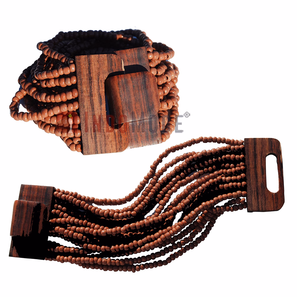 Clay Brown 14-Strand Glass Beaded Bracelet Sculpted Hardwood Buckle
