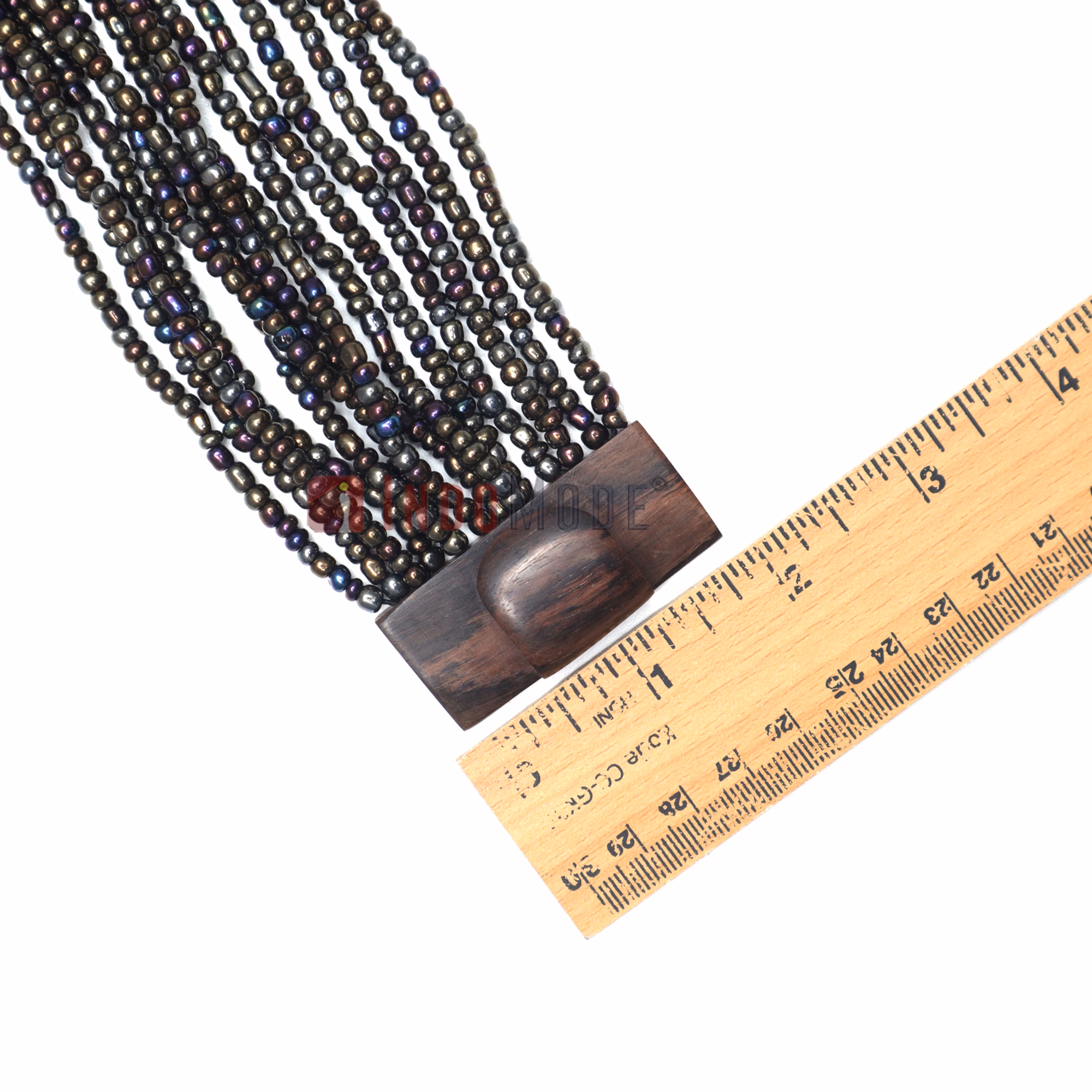 Rainbow Chrome Glass Bead Bali Bracelet Dark Brown Wood Buckle Clasp - Image 4