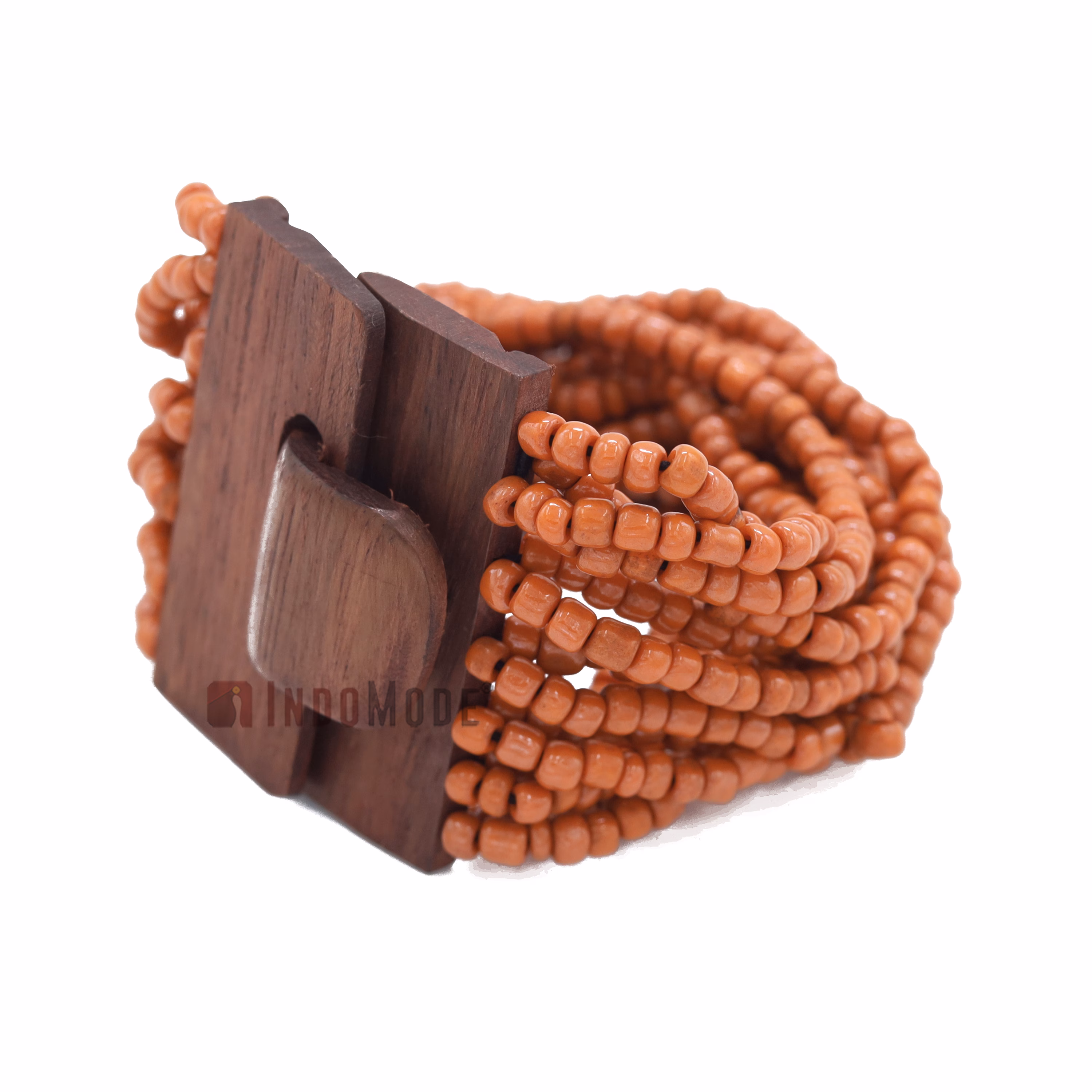 Rustic Orange Color 14-Strand Glass Beaded Bracelet Hardwood Buckle