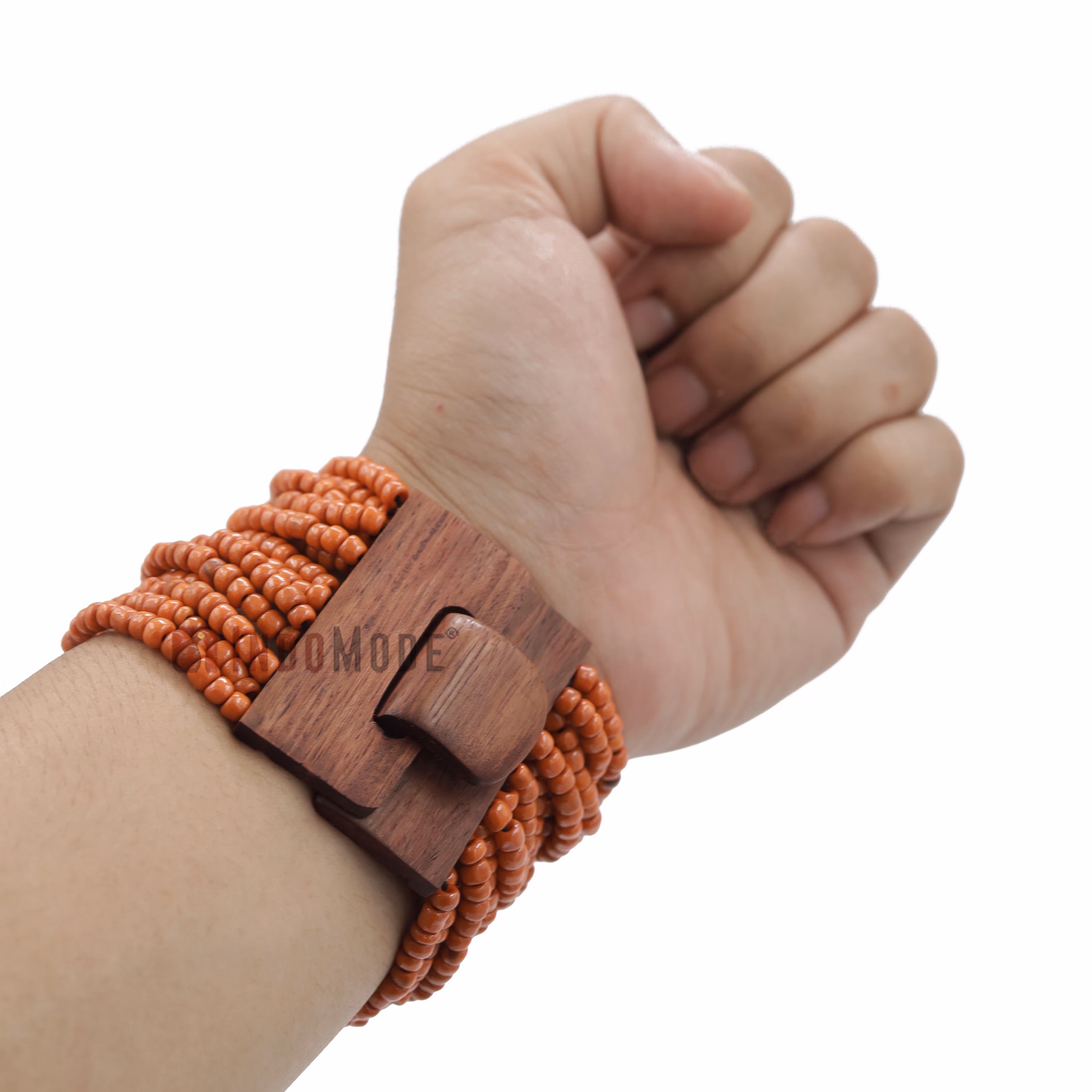 Rustic Orange Color 14-Strand Glass Beaded Bracelet Hardwood Buckle