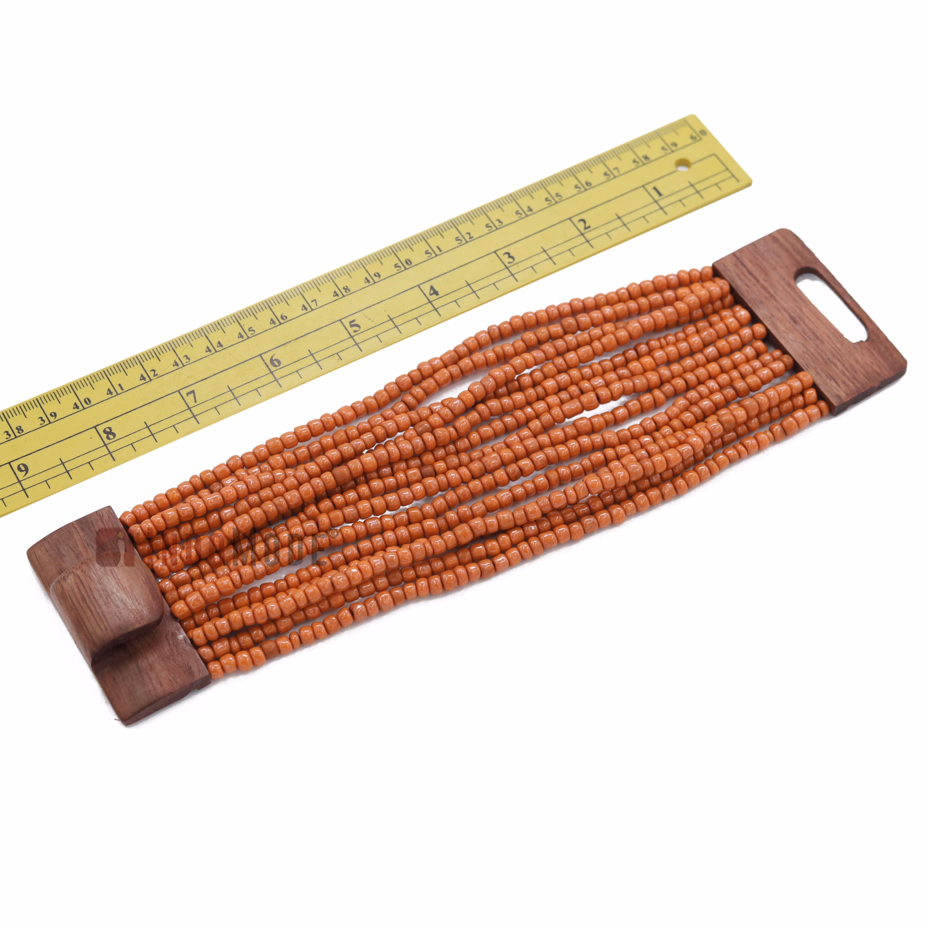 Rustic Orange Color 14-Strand Glass Beaded Bracelet Hardwood Buckle