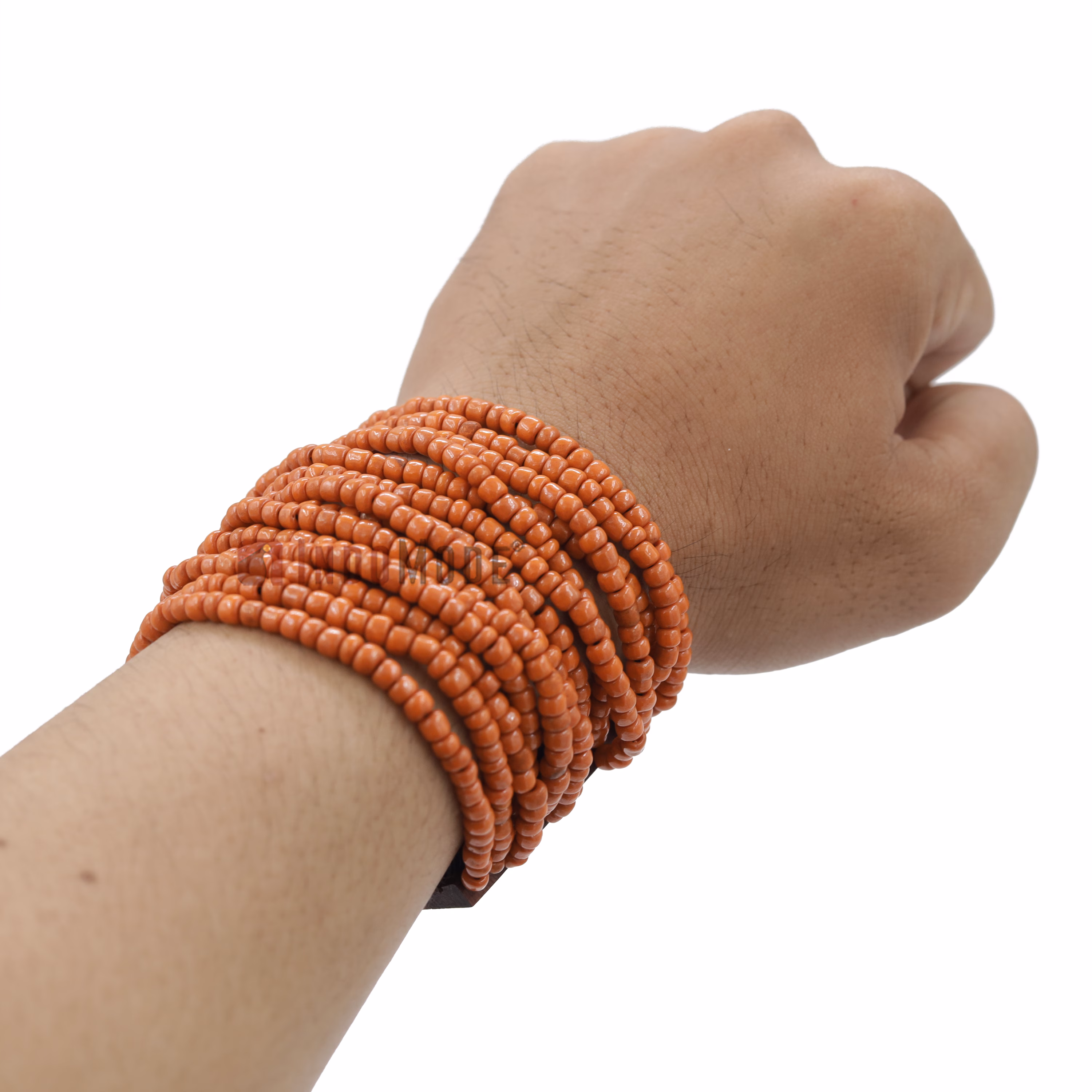 Rustic Orange Color 14-Strand Glass Beaded Bracelet Hardwood Buckle