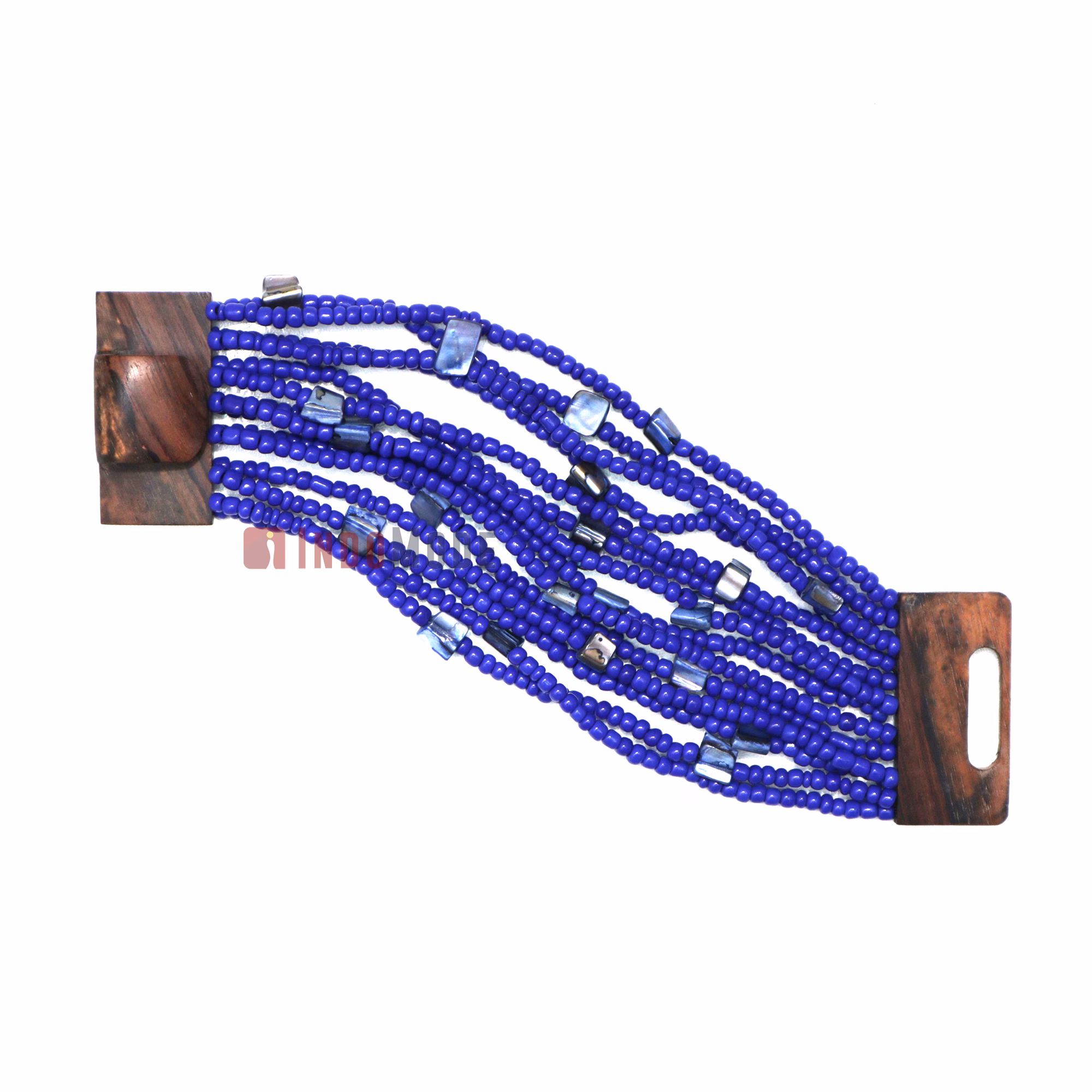 Royal Blue Beaded Bali Bracelet with Buckle Clasp and Mother Of Pearl - Image 2