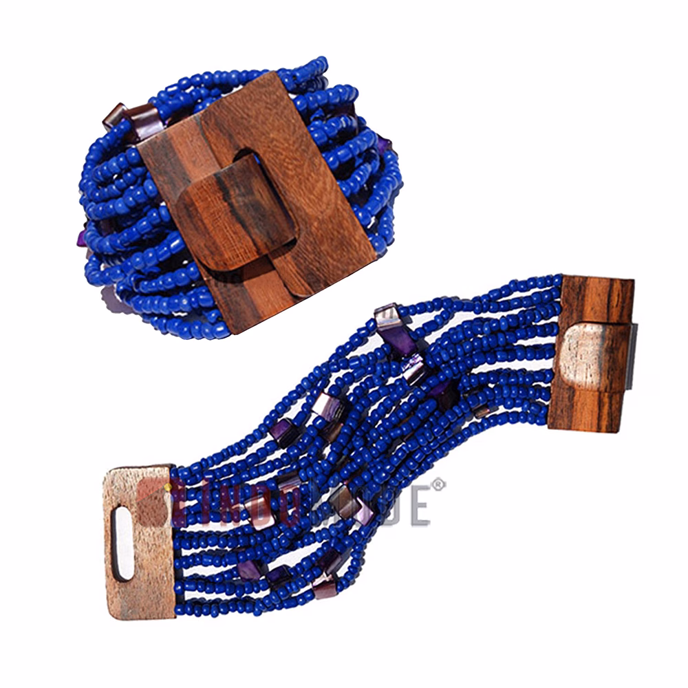 Royal Blue Beaded Bali Bracelet with Buckle Clasp and Mother Of Pearl - Image 3