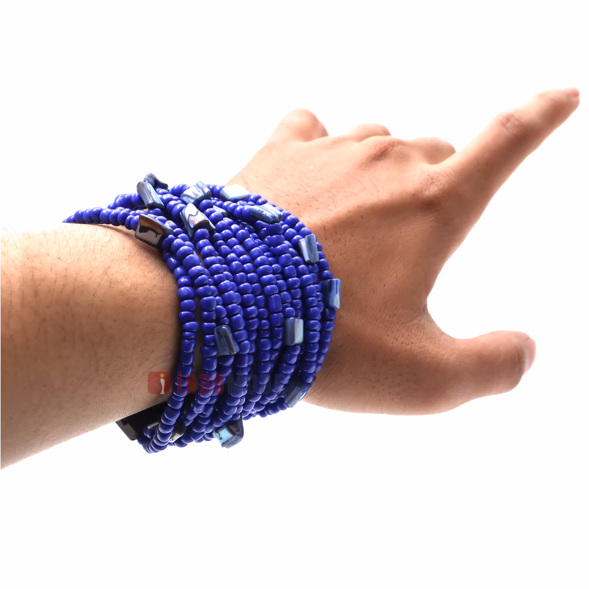 Royal Blue Beaded Bali Bracelet with Buckle Clasp and Mother Of Pearl - Image 6