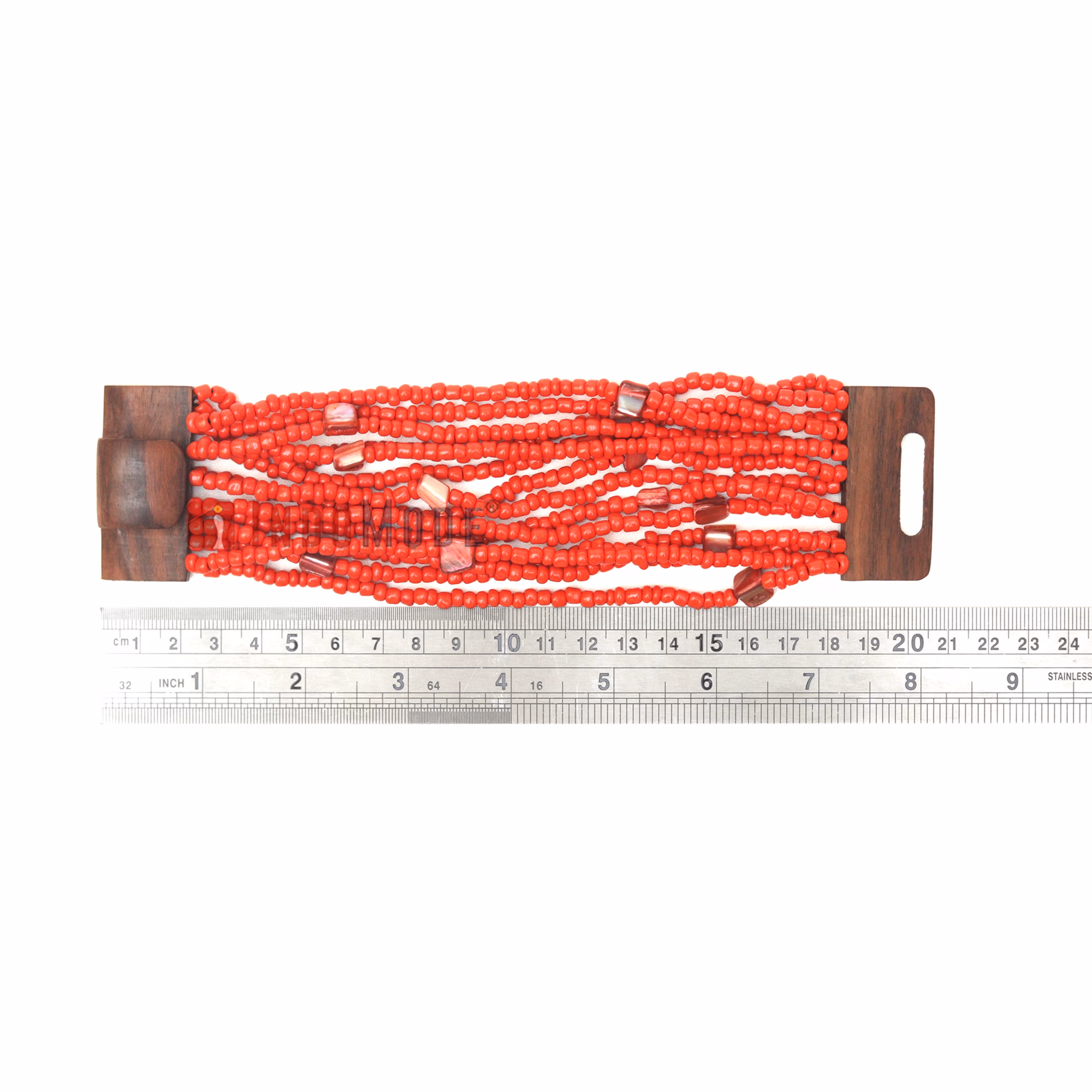 Red Ethnic Beaded Bali Bracelet with Wooden Buckle Clasp Mop Shells - Image 6