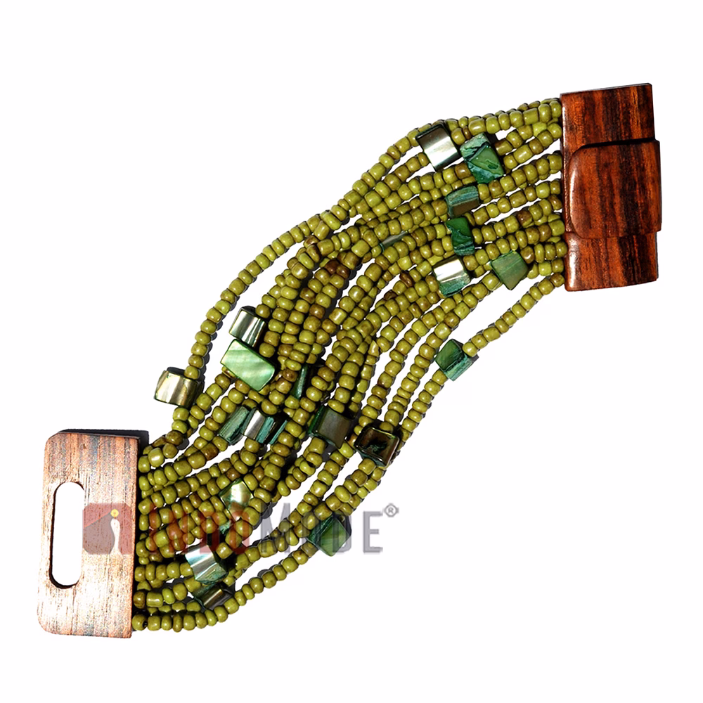 One-Size Green Beaded Bracelet 14-Strands Wooden Clasp with Mop Shell