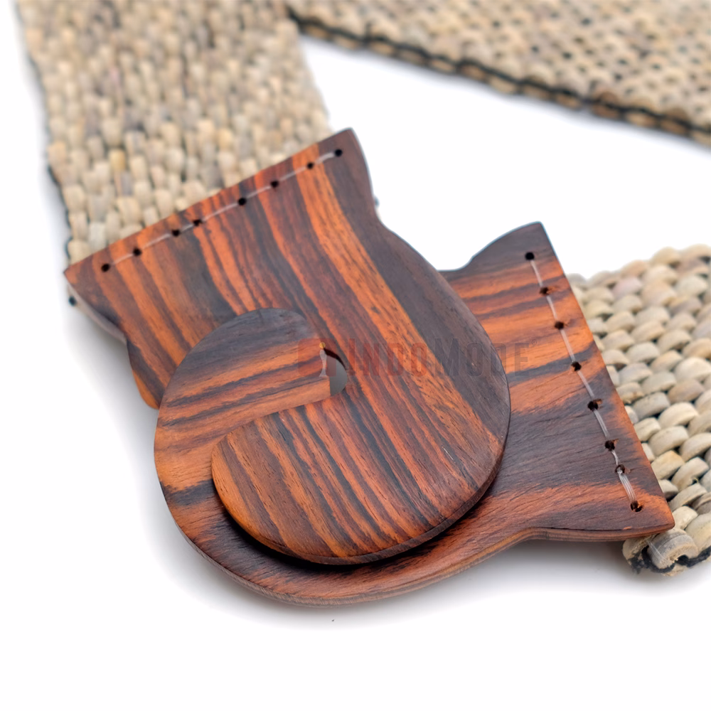 Natural Light Color Belt for Women Handcrafted Coconut Shell Elongated Beaded 2-inch Wide Elastic Stretchy Cinch BALI Fashion Sturdy Belt Wood Hook Clasp - Image 2
