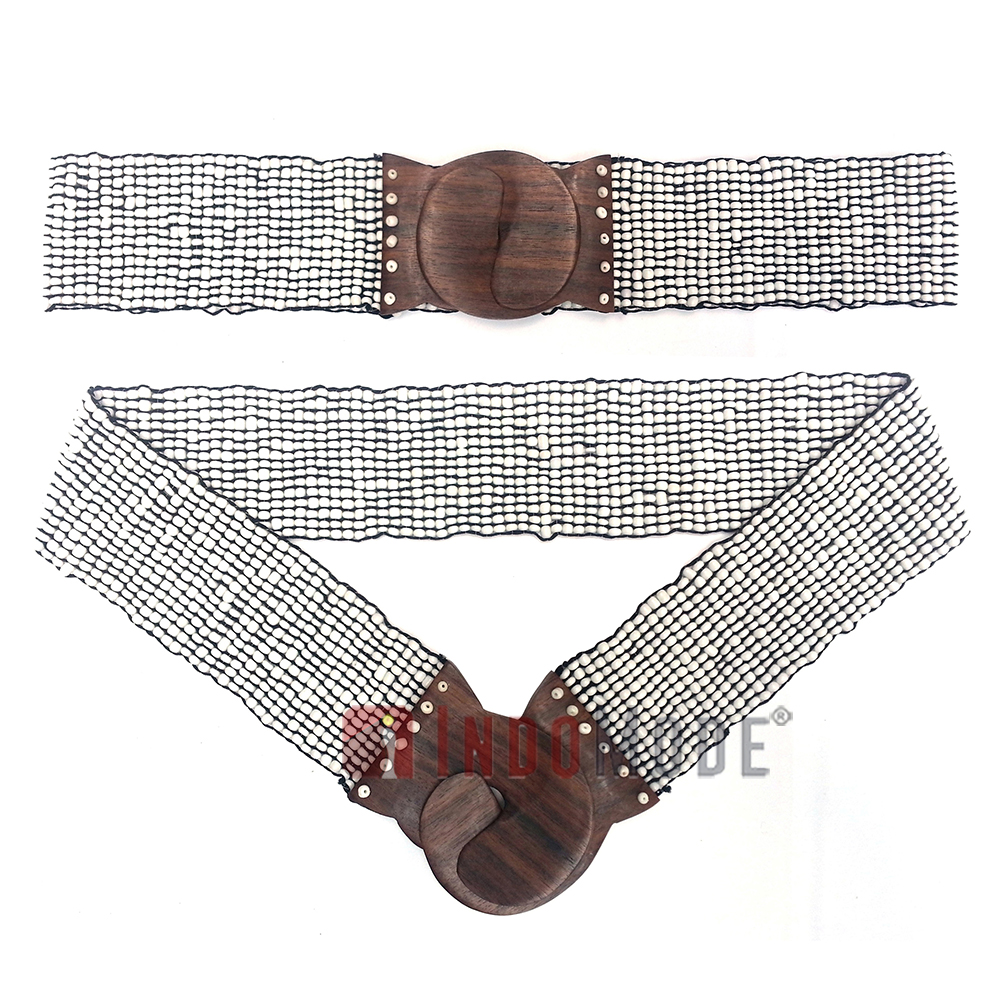 Women's Belt Stretchy Beaded Bali Cinch Belt Wood Clasp - White